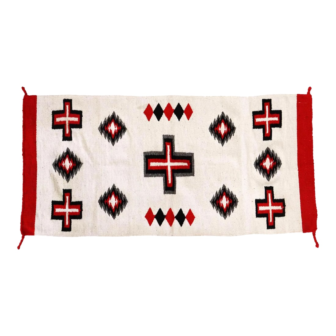 Vintage White Navajo Style Wall Hanging Rug: Vintage Southwestern White Navajo Kilim Hand Woven Wall Hanging Rug. Made of 100% Wool. This wall hanging features typical Navajo diamond and cross motifs throughout, creating a dynamic pattern in a