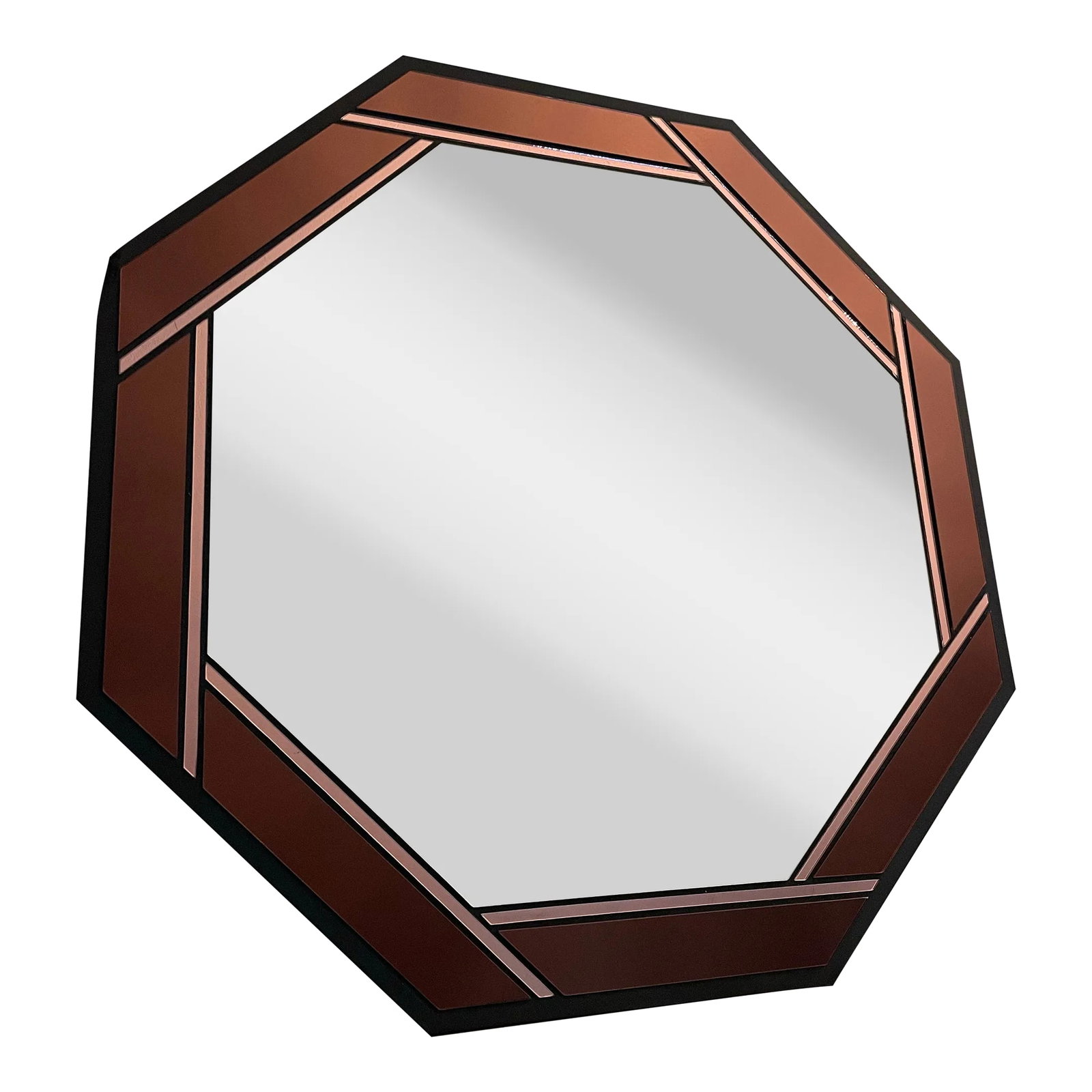Large Late 20th Century Octagonal Stained Glass Wall Mirror: A large and beautiful stained glass mirror handcrafted by Marsha Moore in her now-closed studio in Spokane, Washington. The border consists of 16 precisely cut pieces of textured stained glass of two