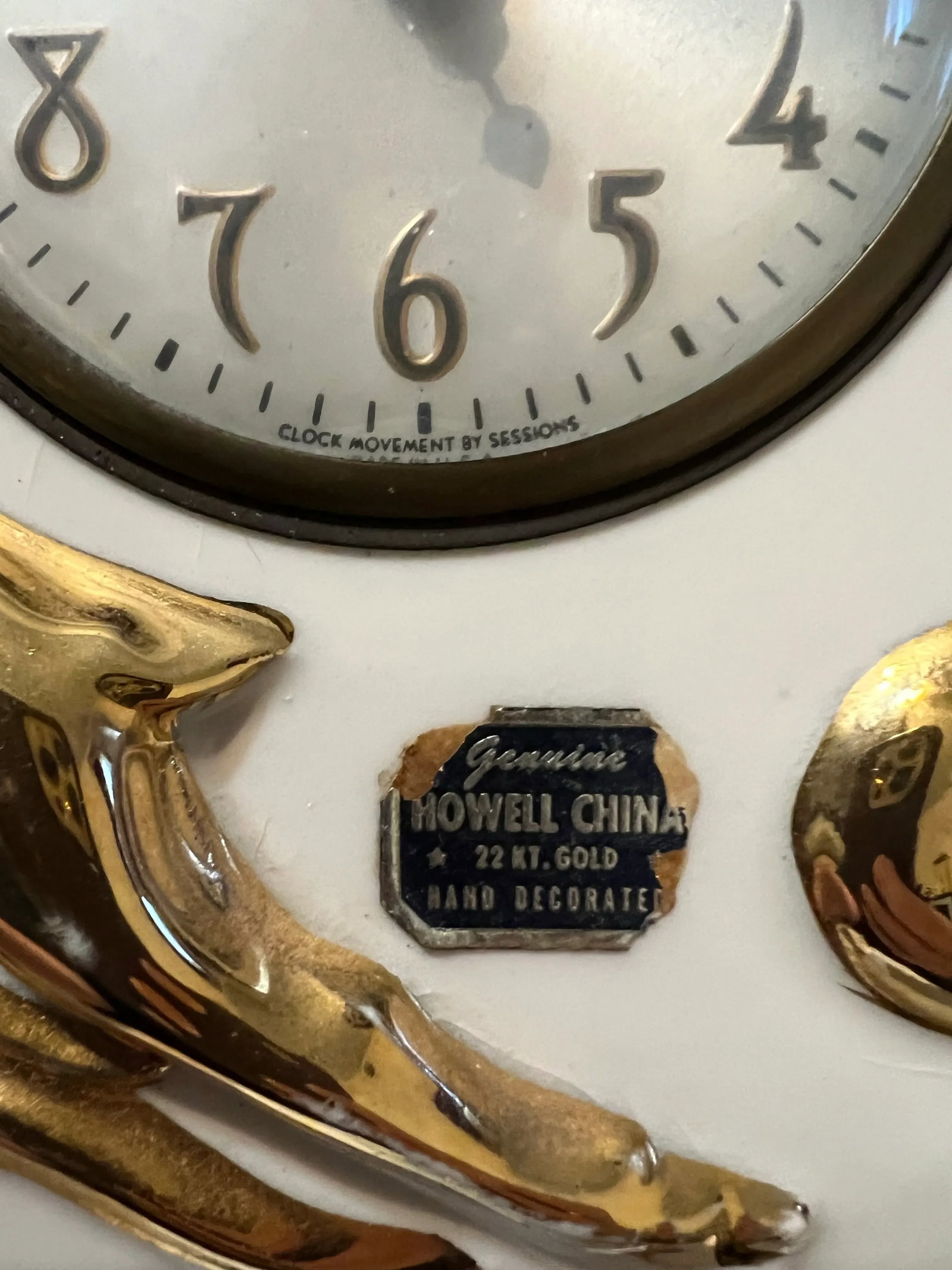 Vintage 1940 Deer Mantle Clock Genuine Howell Co. China 22 Kt. Gold - 2