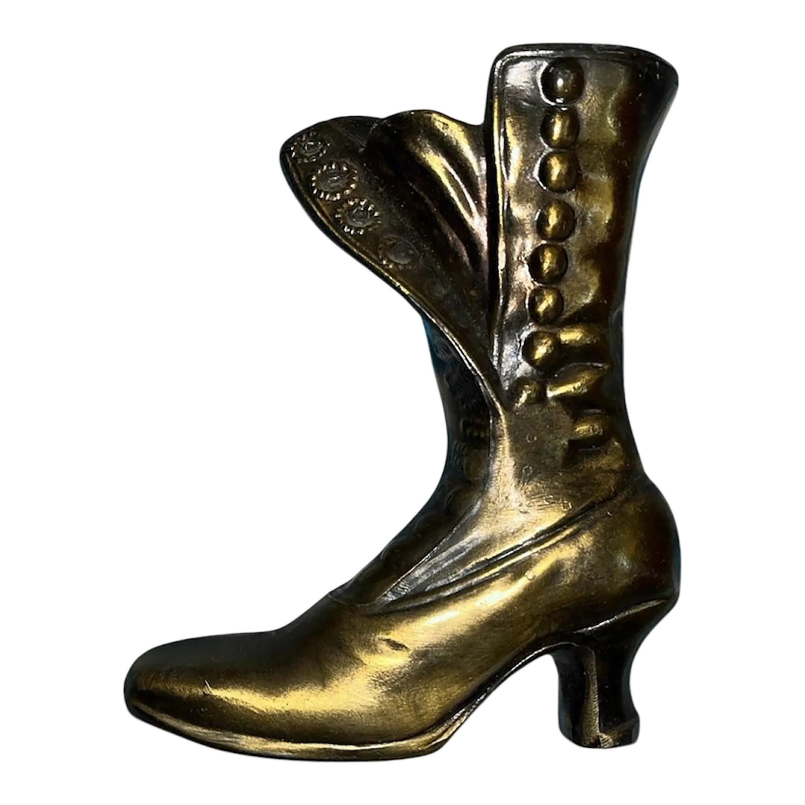 1960s Brass Victorian Boot Vase Planter: Great accent piece for any room. Brass with some patina and hollow center. Display as is or use as flower vase or planter. Could also use as hide away for change or any small items you wish. 6.25"T x