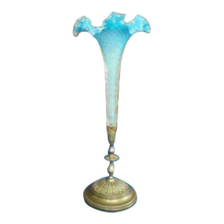 Antique French Diamond Quilted Trumpet Vase: ANTIQUE FRENCH DIAMOND QUILTED TRUMPET VASE IN VERY GOOD ESTATE CONDITION. There are no chips to the glass. Measures 14 1/4" high and 5 1/2" diameter at the top. Condition: Alterations: Original