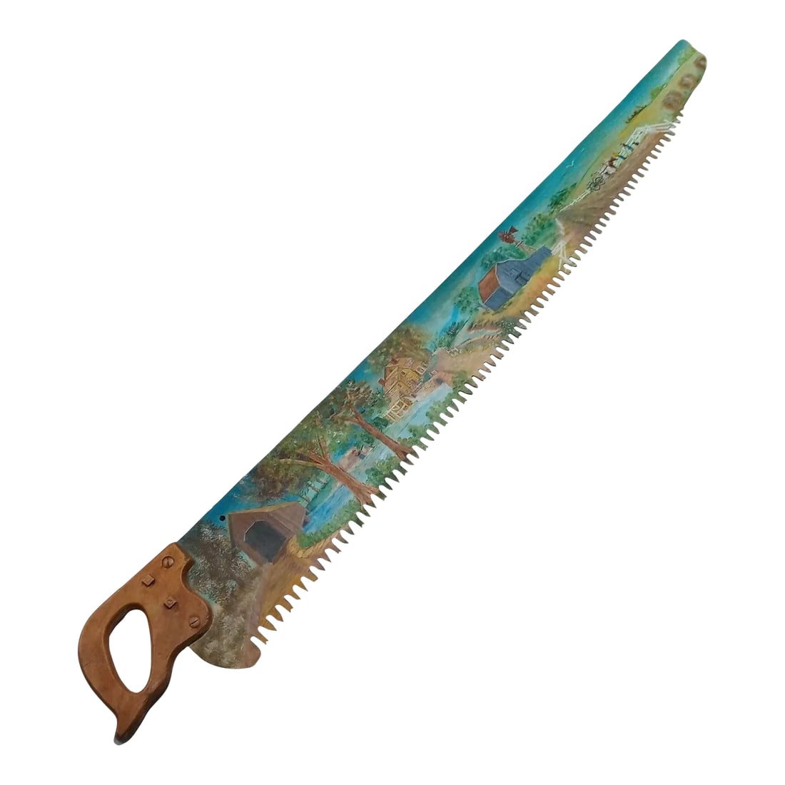 Large 1980s Folk Art Painted Saw Countryside Rural Farm Scene Mill Horse Plow Fisherman Covered Brid: Large Folk Art Painted Saw Countryside Rural Farm Scene 65 Inch Mill Horse Plow Fisherman Covered Bridge -Measures about 65" x 7.5" ... very large -Authentic used saw, made into a great one of a kind 