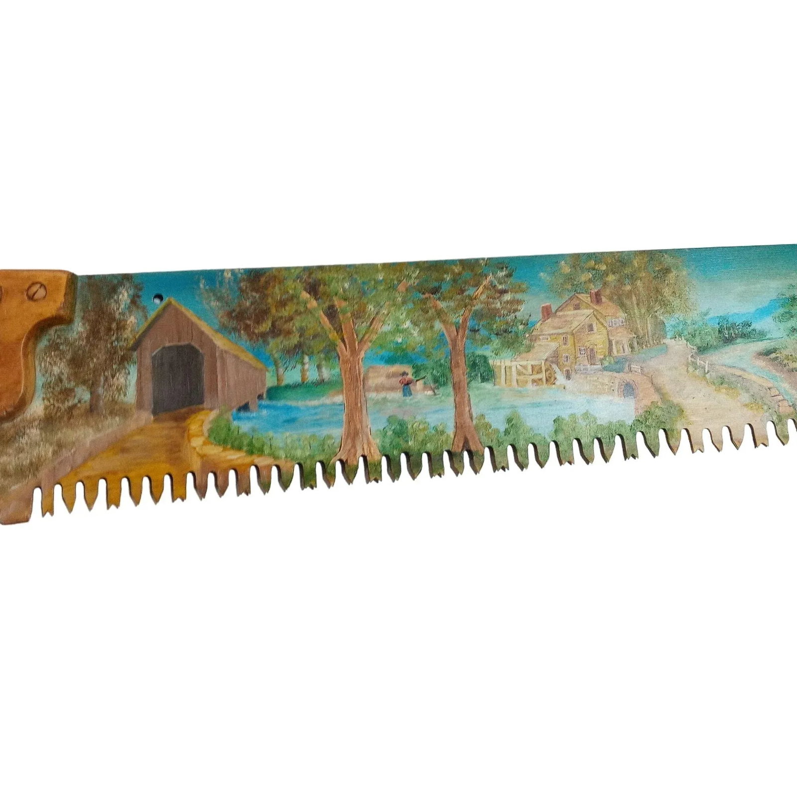 Large 1980s Folk Art Painted Saw Countryside Rural Farm Scene Mill Horse Plow Fisherman Covered Brid - 2