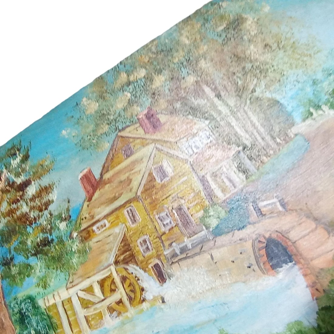 Large 1980s Folk Art Painted Saw Countryside Rural Farm Scene Mill Horse Plow Fisherman Covered Brid - 3