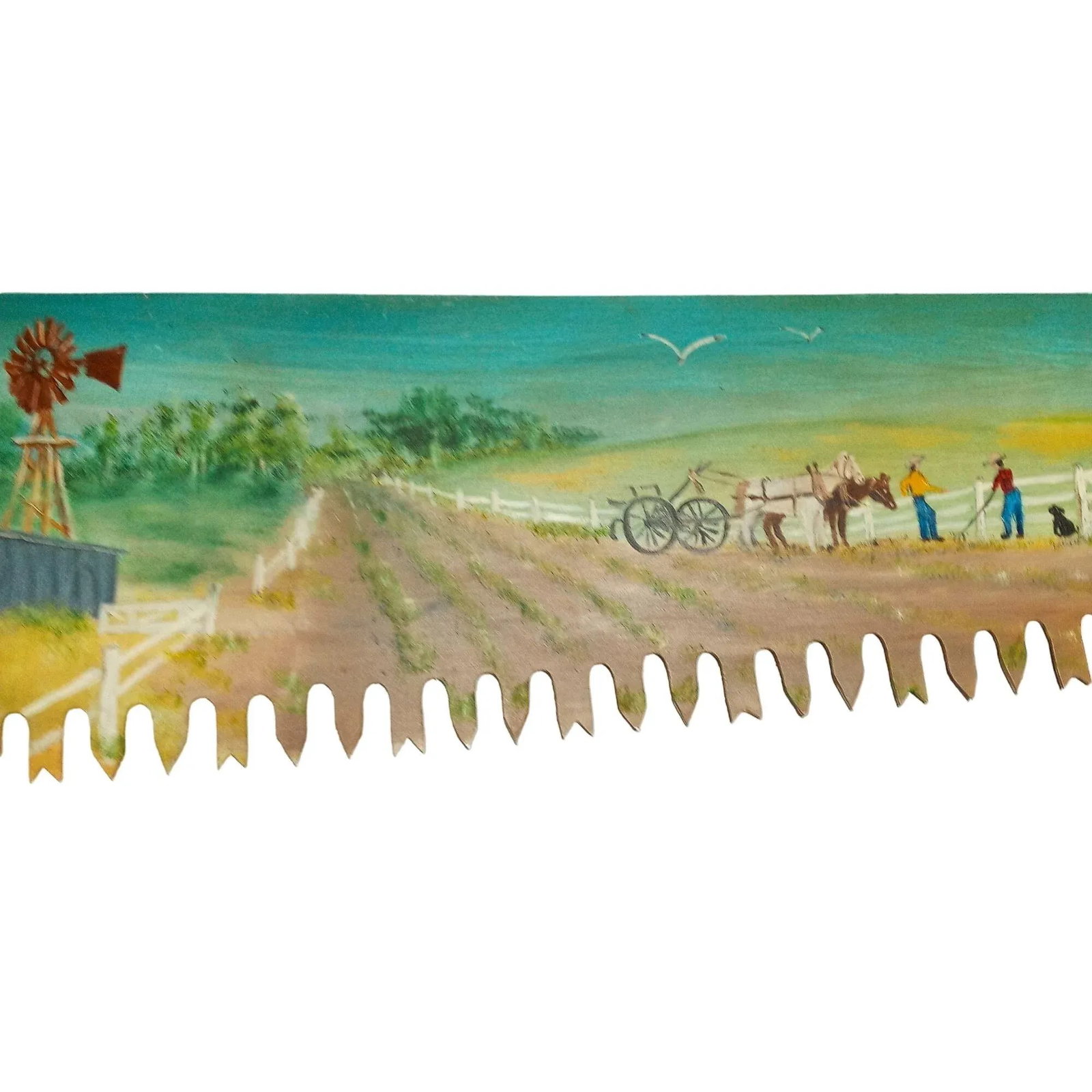 Large 1980s Folk Art Painted Saw Countryside Rural Farm Scene Mill Horse Plow Fisherman Covered Brid - 4