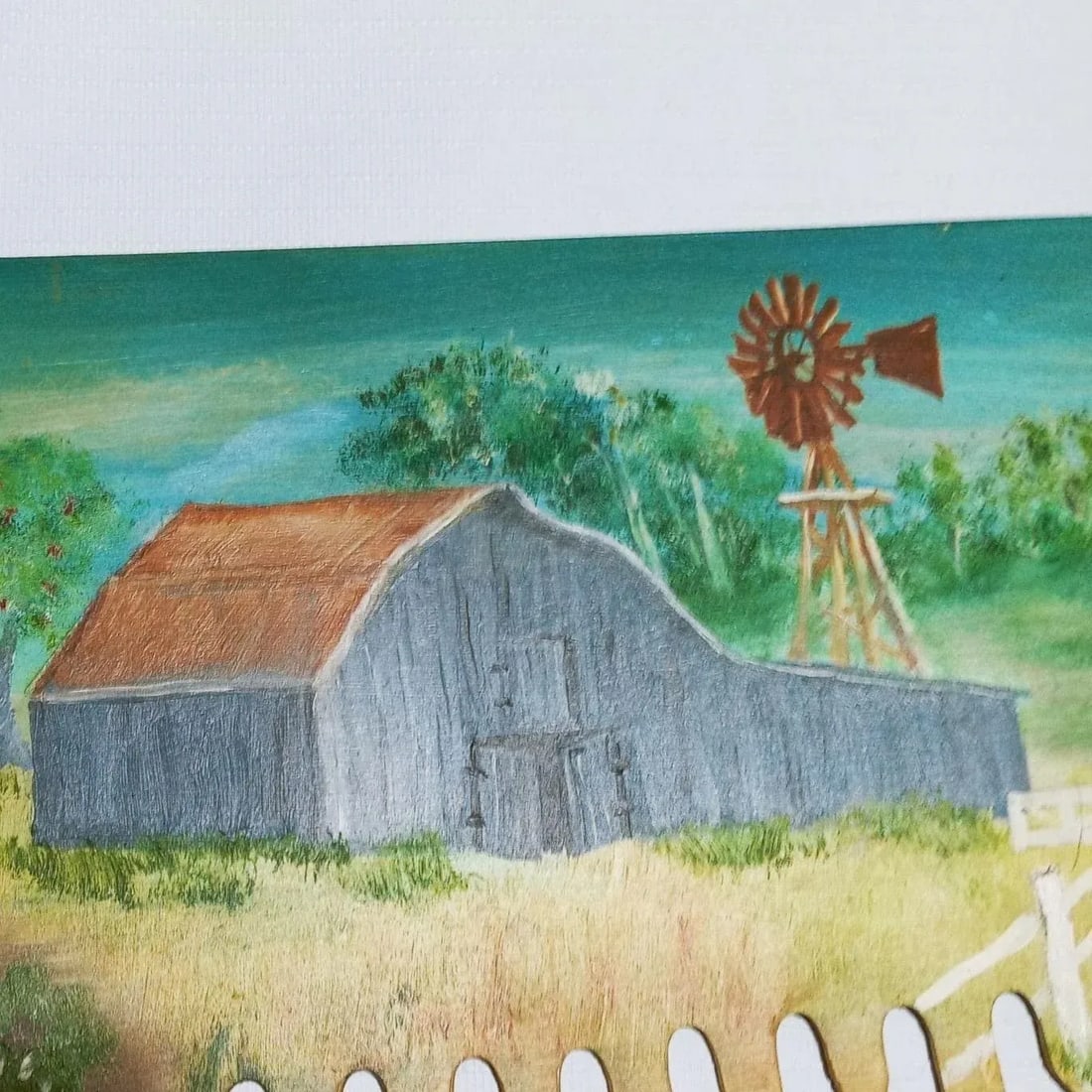 Large 1980s Folk Art Painted Saw Countryside Rural Farm Scene Mill Horse Plow Fisherman Covered Brid - 5