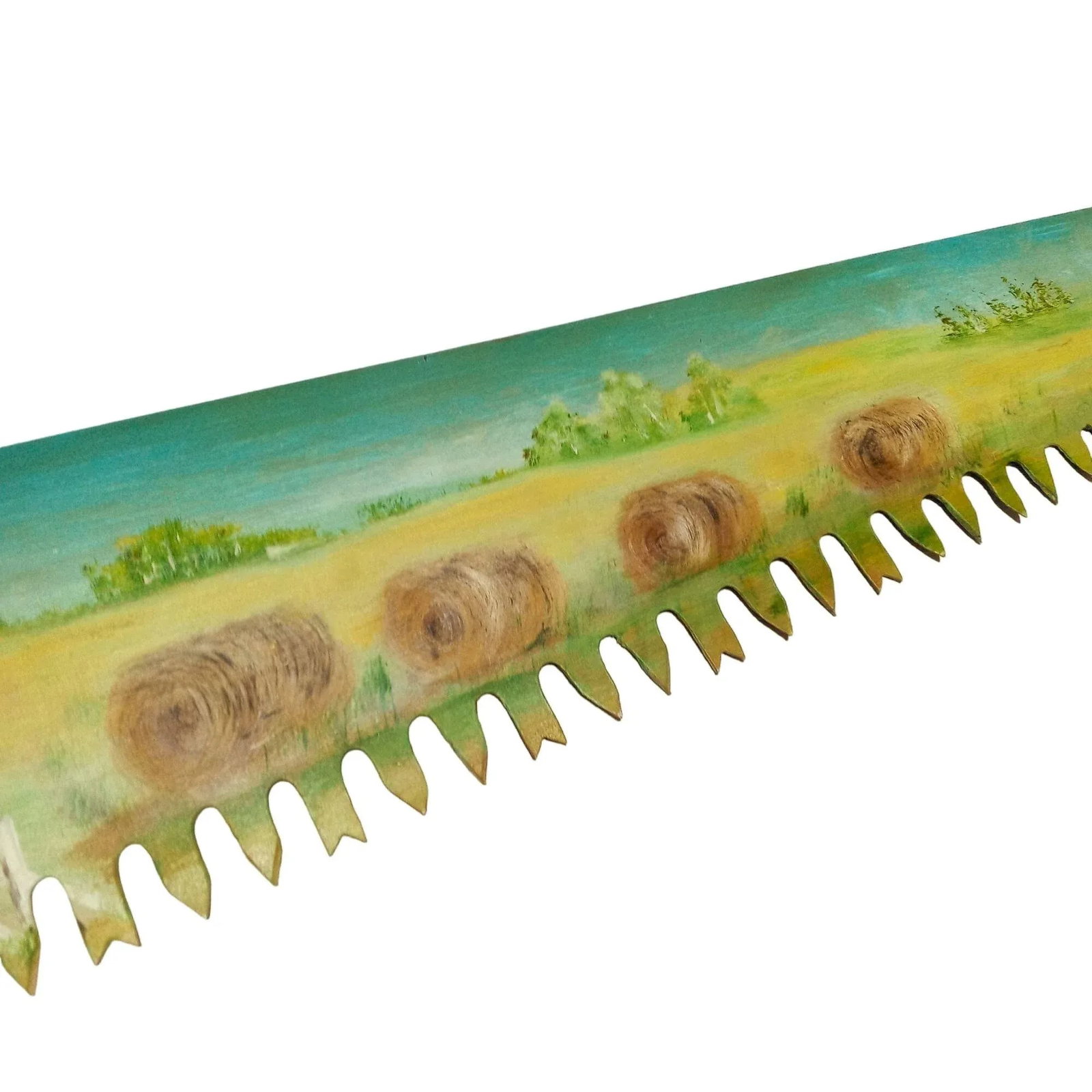 Large 1980s Folk Art Painted Saw Countryside Rural Farm Scene Mill Horse Plow Fisherman Covered Brid - 8