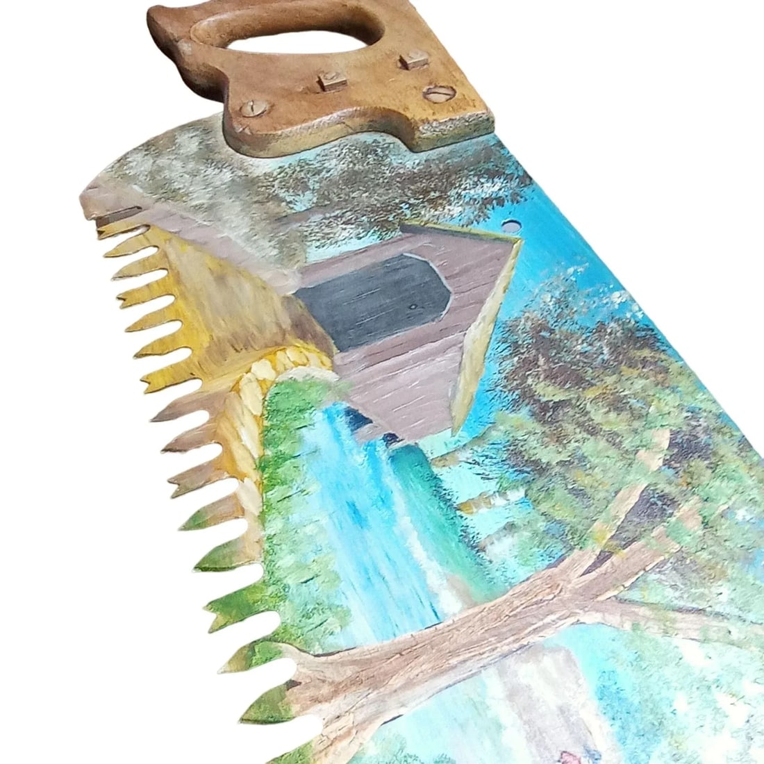 Large 1980s Folk Art Painted Saw Countryside Rural Farm Scene Mill Horse Plow Fisherman Covered Brid - 9