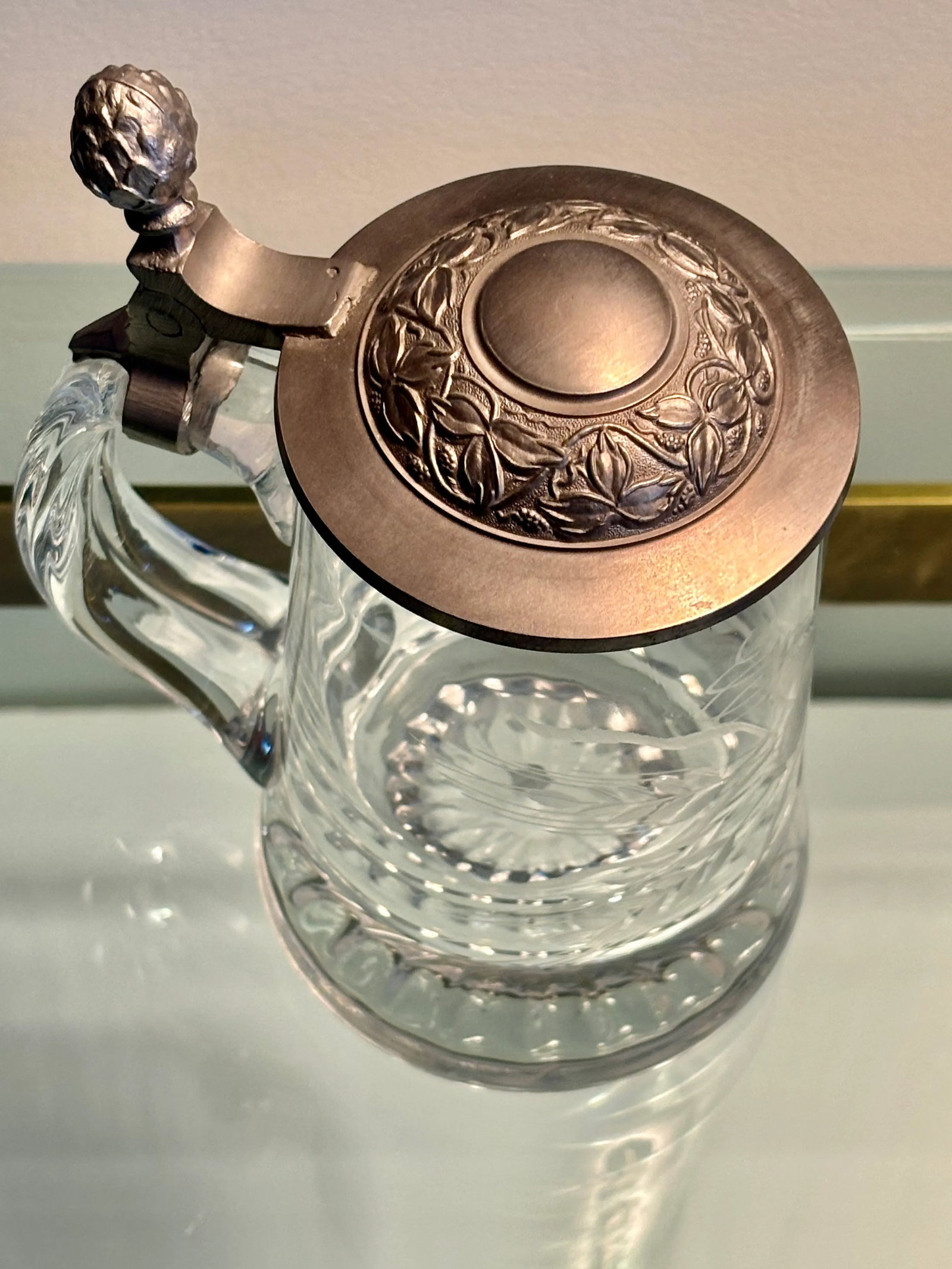 Vintage German Etched Glass Beer Tankard With Design Relief Metal Lid - 2