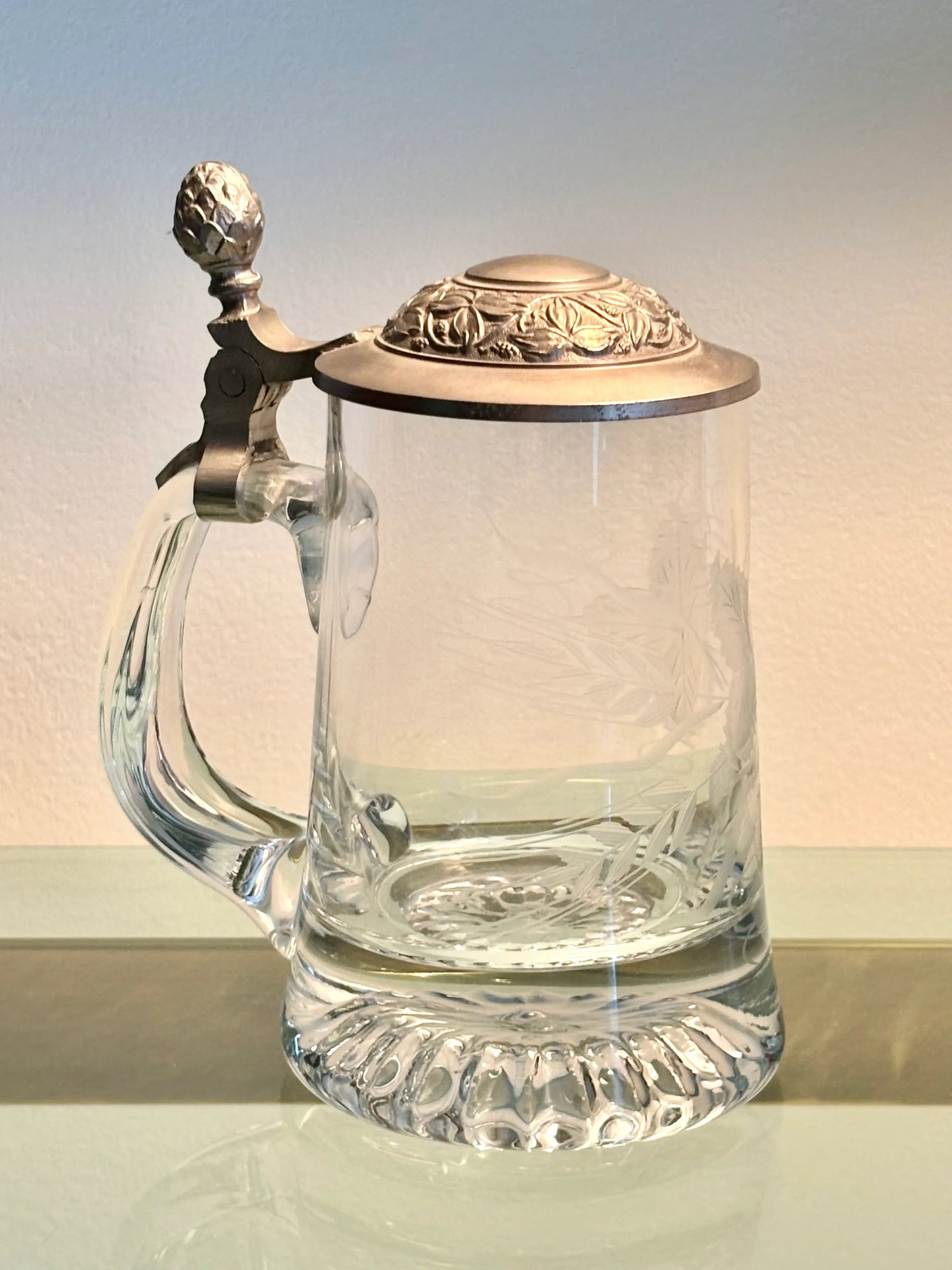 Vintage German Etched Glass Beer Tankard With Design Relief Metal Lid - 3