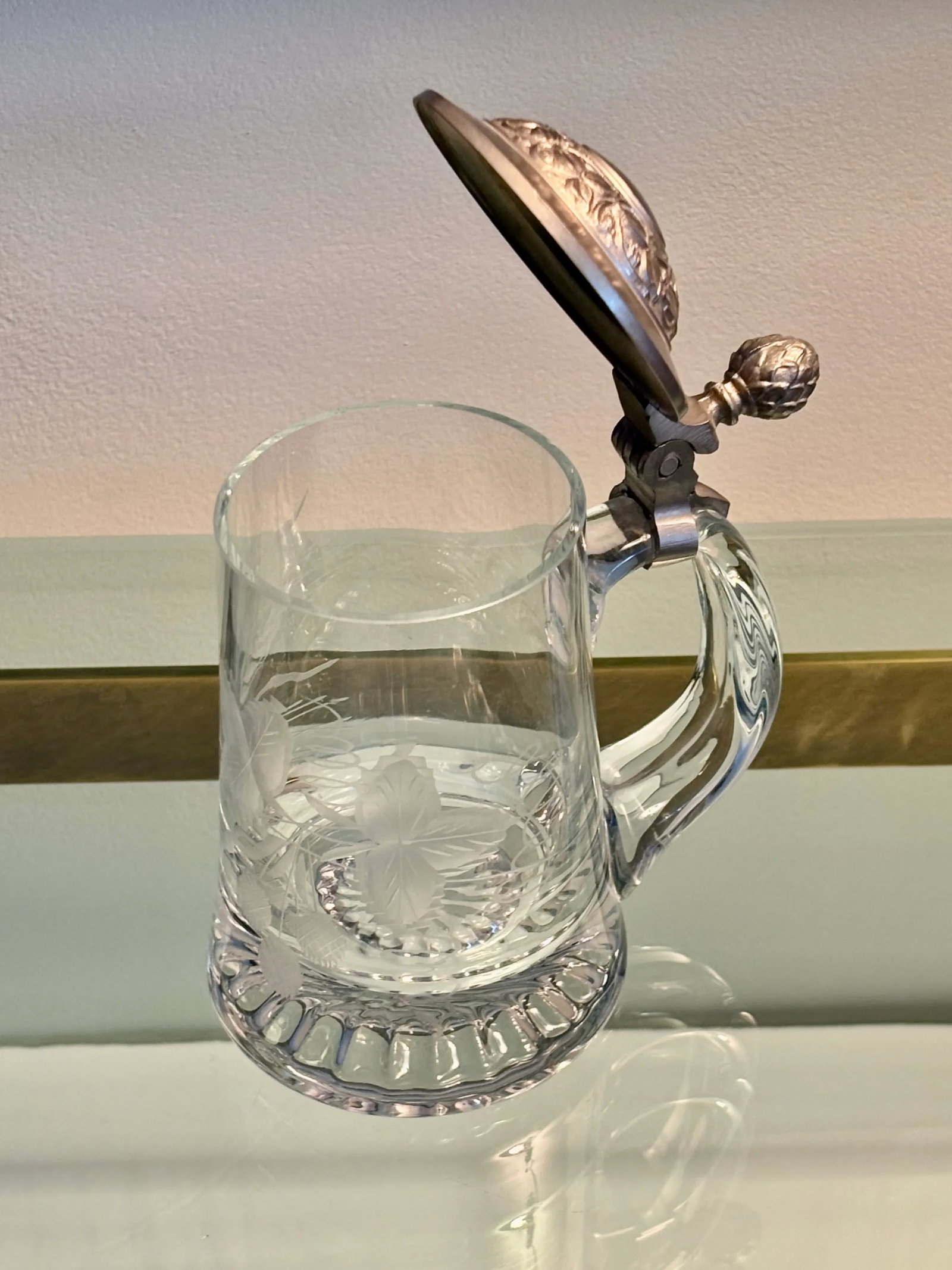 Vintage German Etched Glass Beer Tankard With Design Relief Metal Lid - 5