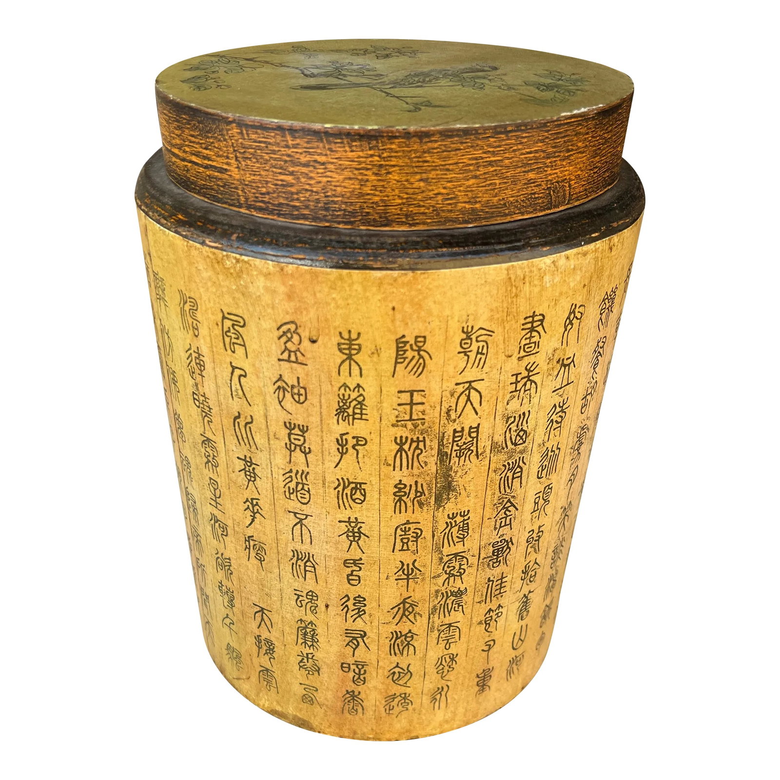 Mid 20th Century Vintage Asian Decorative Round Box by Bombay Furniture: Vintage Decorative box with Asian letters. Round Cylinder Box with Asian letters. The lid has a beautiful scene of a bird. Measuring 11" with lid on. Marked on the bottom made by Bombay. Condition: