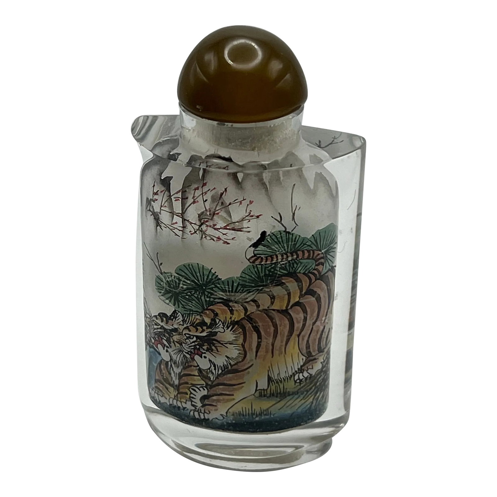 Inside Painting Snuff Bottle With Tigers: Tigers have appeared very early in Chinese archaic jades more than 2,000 years ago, and showed up in popular Chinese vernacular literature. In the 14th century novel "The Story of the Water Margin,"