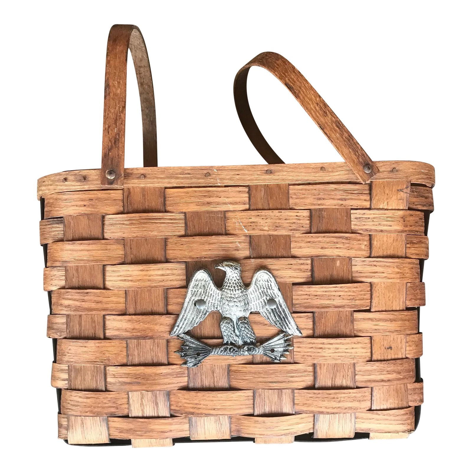 1970s Large Bentwood Oak Basket Picnic Basket With Eagle: This is a great organizational and decorative or Picnic basket . Made with split wood that is woven and 2 handles. There is an eagle displayed on 1 side. Condition: Alterations: Original Condition Una
