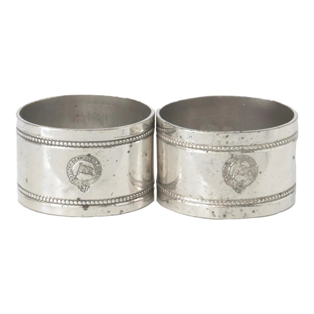 Midcentury P & O Steamship Hotelware Napkin Rings, a Pair: Pair of P&O steamship silver-plate napkin rings, embossed with their logo. Unique numbers 13 & 20 indicate original owner's use, as napkins weren't laundered daily. Ideal for nautical-themed dining