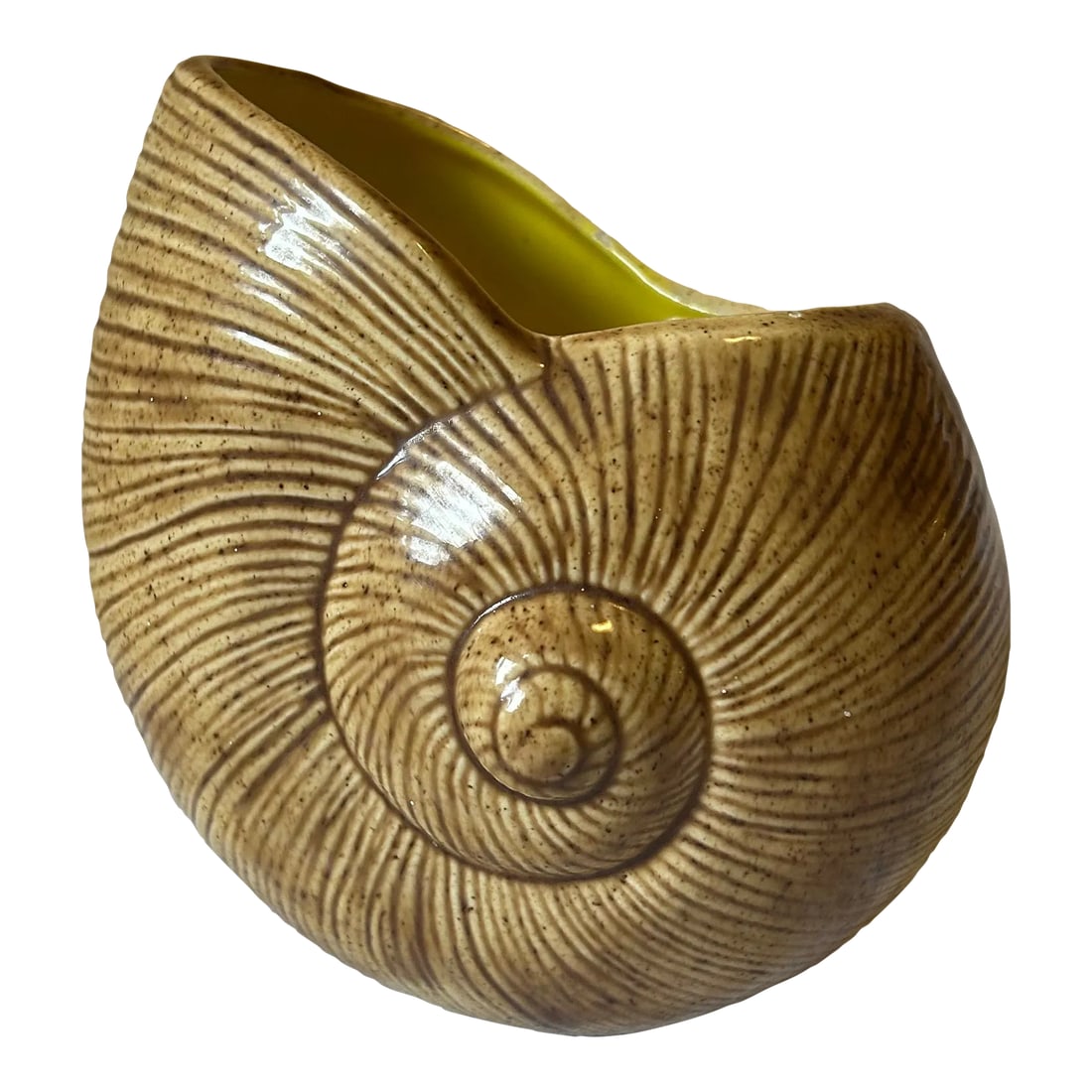 California Coastal Chic Ceramic Seashell Planter, Signed by the Artist: Seashell Chic Shell! This striking hand painted nautilus shell shaped planter features a brown/tan glaze on the exterior with a bright sunshine yellow interior. Signed by the artist. PS: If you