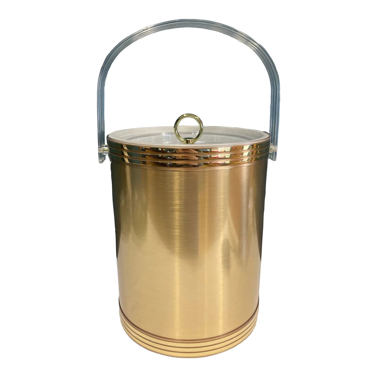 Vintage Gold-Tone Ice Bucket With Clear Handle: This lovely vintage ice bucket by Custom Deco features a sleek gold rim and a clear acrylic lid topped with a coordinating gold handle. Made in the USA, this stylish piece combines form and function,