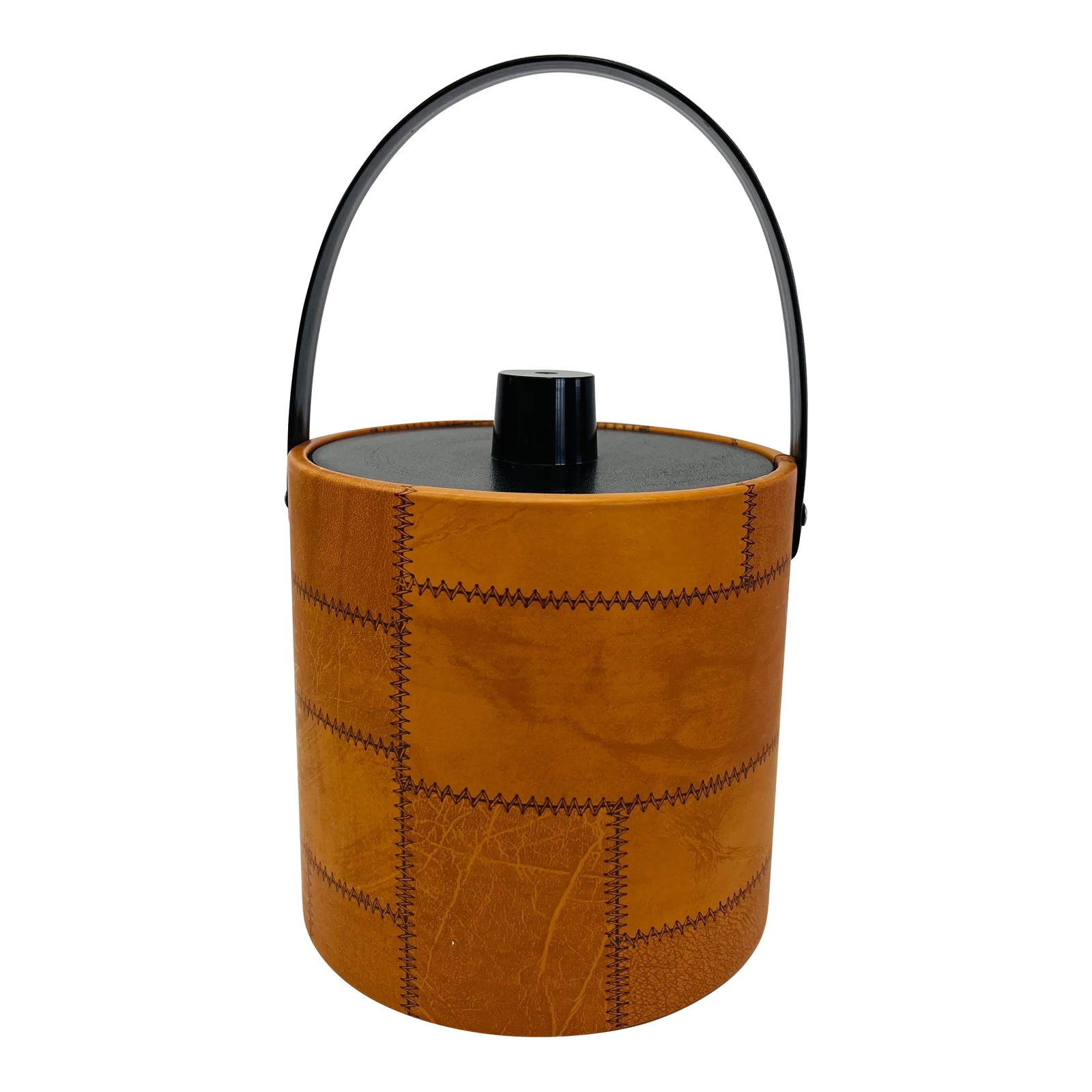 Vintage 1970s Vinyl Patchwork Style Handled Ice Bucket: Vintage 1970s patchwork style handled vinyl ice bucket. The lid is made of black plastic. Marked underneath. Condition: Alterations: Original Condition Unaltered Imperfections: Some Imperfections