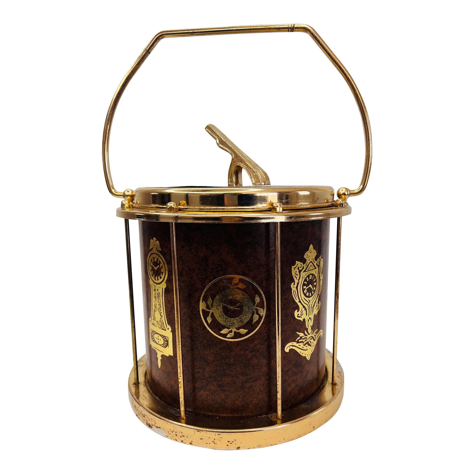 Vintage 1960s Metal Sun Dial Style Handled Ice Bucket: Vintage 1960s gold metal sun dial style handled ice bucket with a mercury glass insert. The middle of the ice bucket is vinyl. Tarnish to the metal from age. Ice bucket is solid and heavy. No marks.