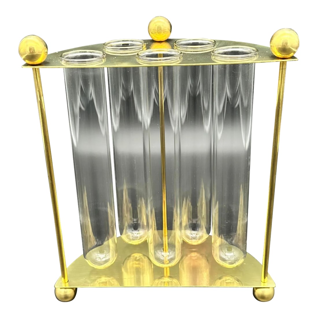 Vintage Brass Semi Circle Flower Vase Arranger With 5 Glass Vials: This vintage brass vase arranger with five glass vials features a unique semicircle shape and is made out of solid brass giving it an elegant look to it, while the five glass vials allow for