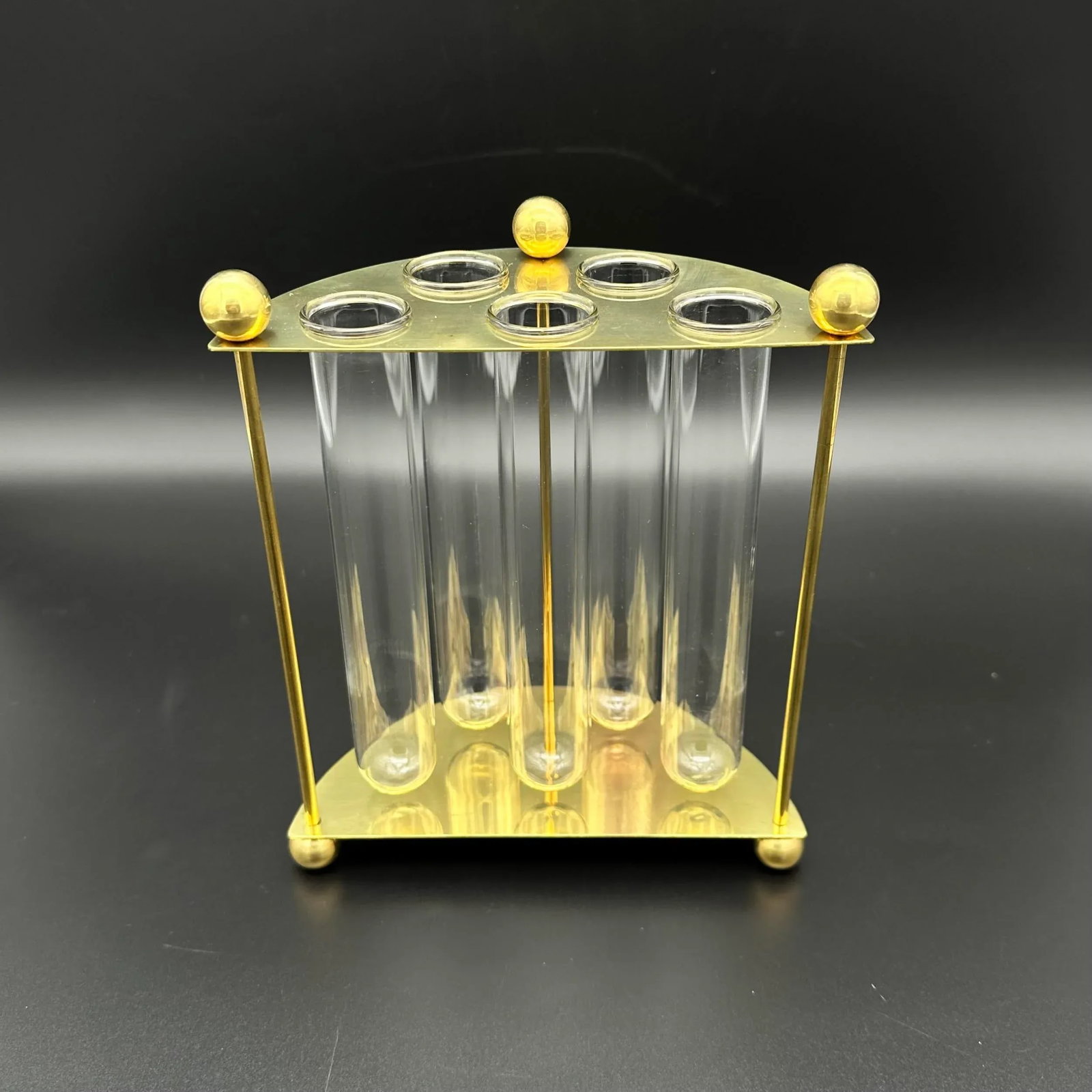 Vintage Brass Semi Circle Flower Vase Arranger With 5 Glass Vials - 2