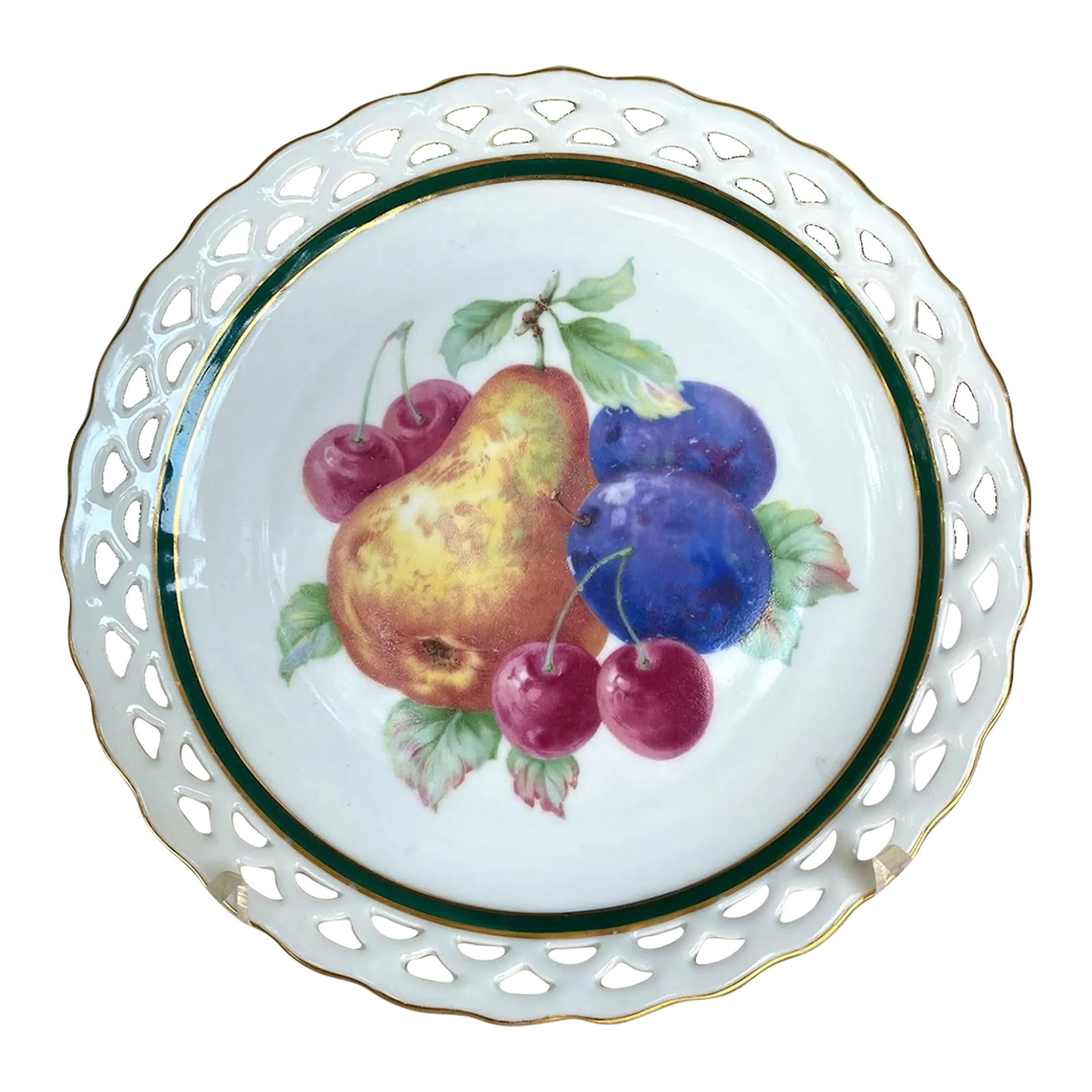 Vintage Winterling - Bavaria 82 Fruit Center Salad Plate - Pear & Plum, Pierced Edge, Green Band, Go: Winterling Bavaria is a well-known Bavarian porcelain manufacturer that has been producing fine china and dinnerware since the late 19th century. Center of the plate features a vibrant image of pears