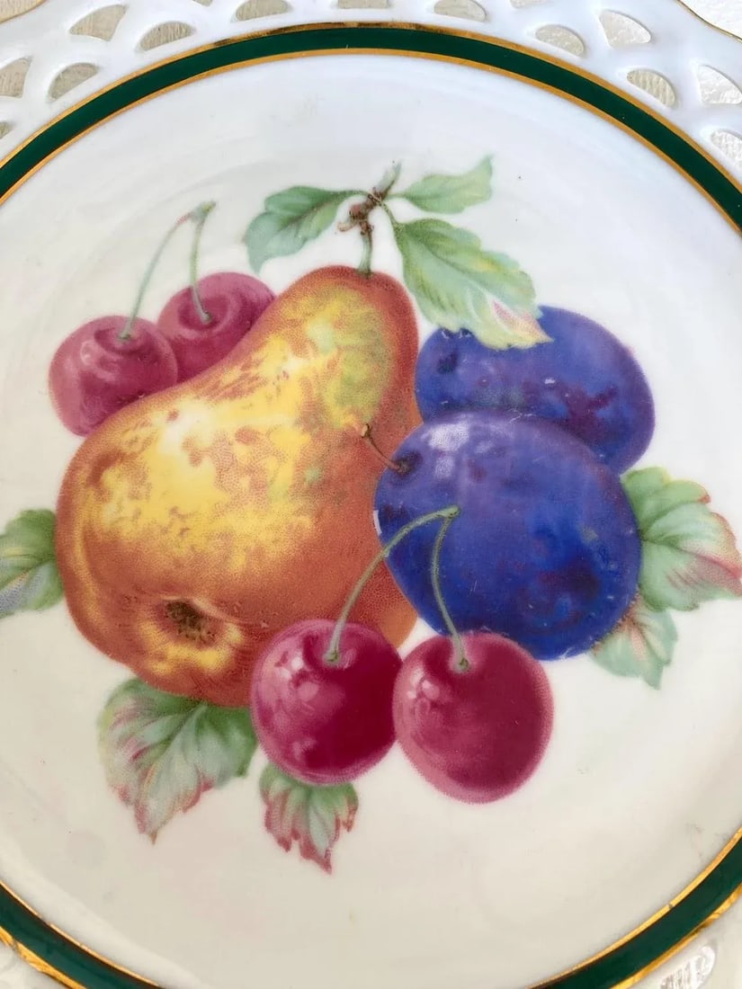 Vintage Winterling - Bavaria 82 Fruit Center Salad Plate - Pear & Plum, Pierced Edge, Green Band, Go - 2