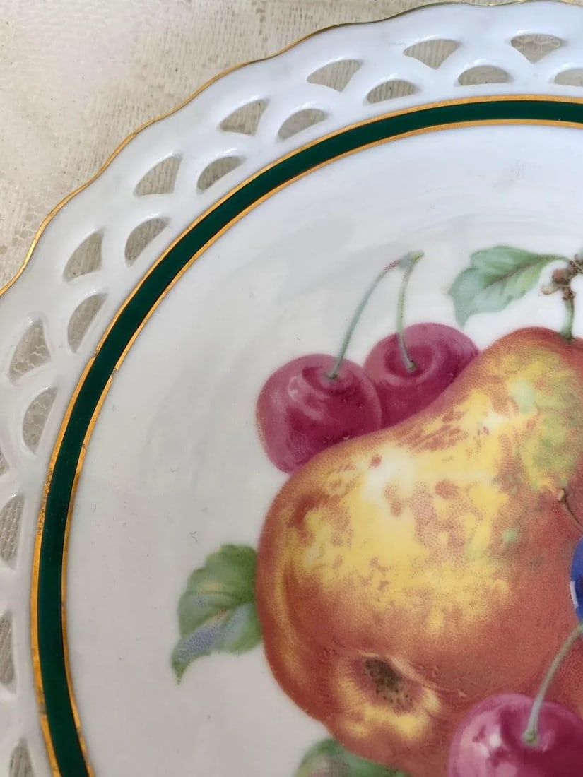 Vintage Winterling - Bavaria 82 Fruit Center Salad Plate - Pear & Plum, Pierced Edge, Green Band, Go - 3