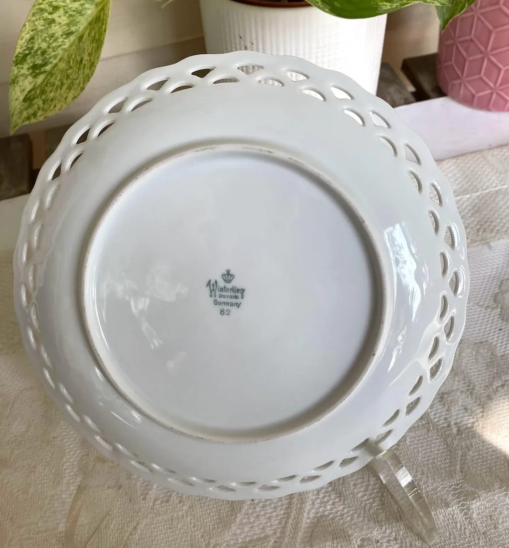 Vintage Winterling - Bavaria 82 Fruit Center Salad Plate - Pear & Plum, Pierced Edge, Green Band, Go - 5