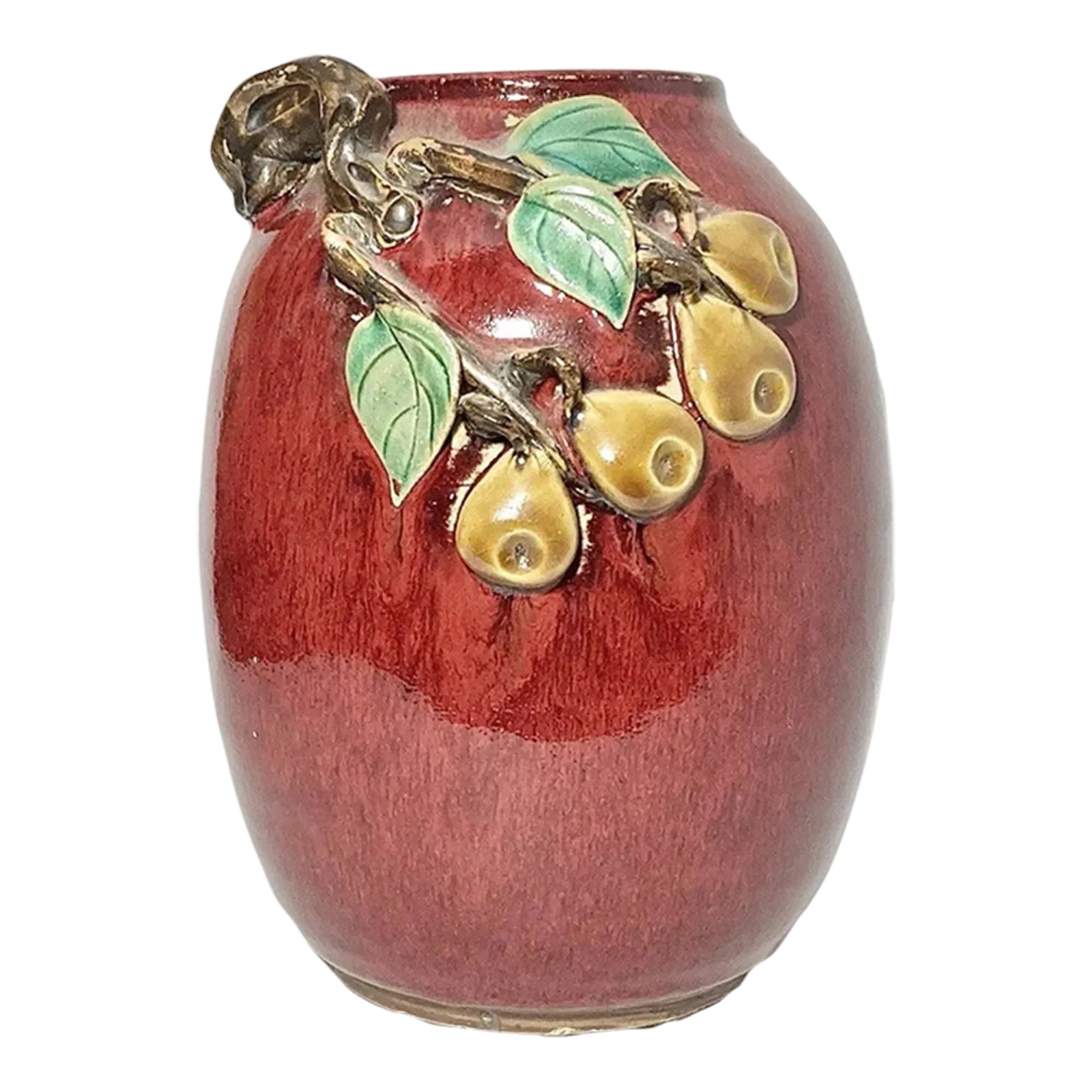 1950s Shiwan Pottery Hand Turned Glazed Ceramic Fruit Motif Applied Vessel Vase: Shiwan Pottery Hand Turned Glazed Ceramic Fruit Motif Applied Vessel Vase 9" Great condition. No major flaws. Height 9" Length 6 3/4" Condition: Alterations: Original Condition Unaltered Imperfections