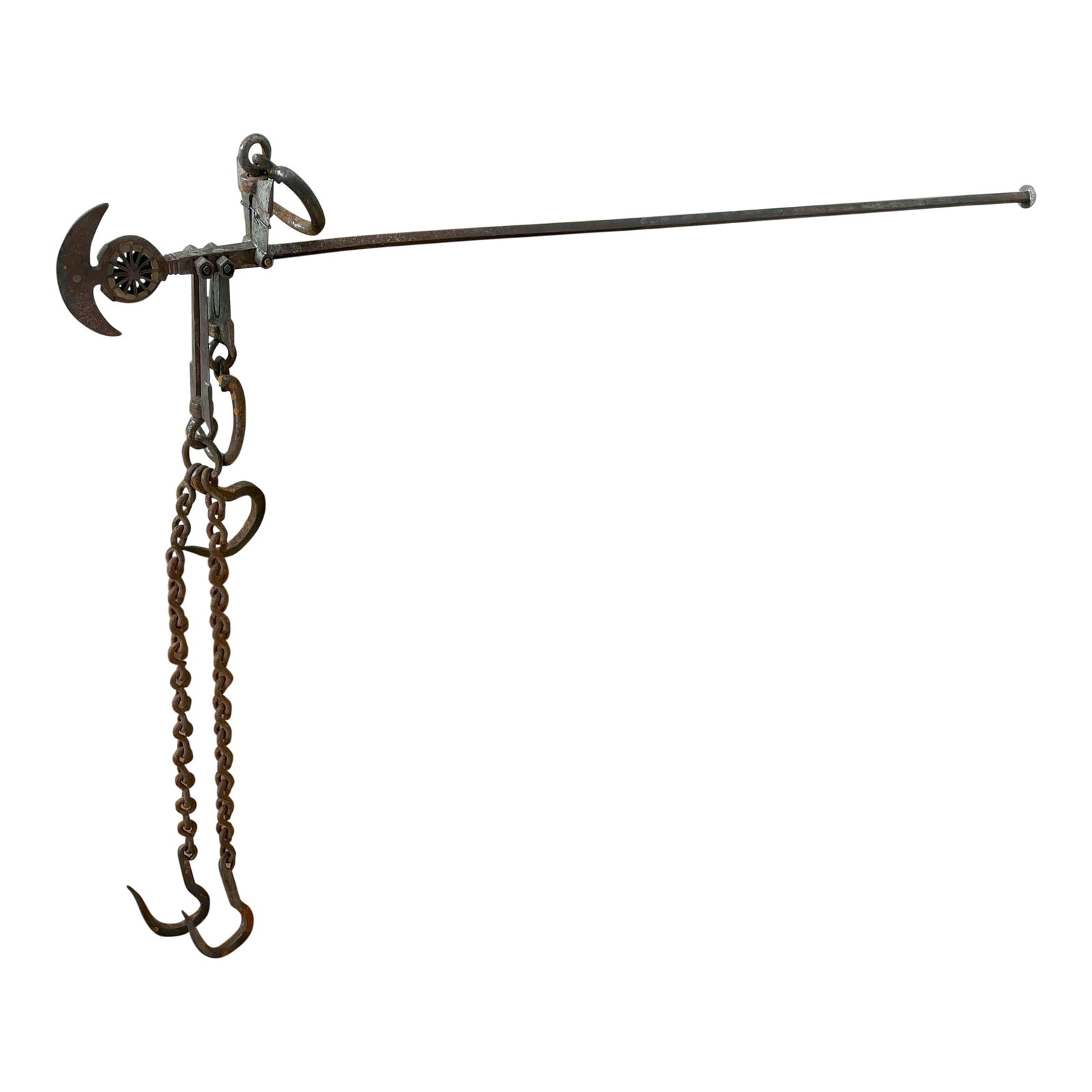 Antique Greek Decorative Steelyard Slaughter House Iron Weighting Instrument: Huge Antique Greek Steelyard Slaughter House Iron Weighing Instrument with 5 hooks. This is an ancient but simple physics of a lever. A steelyard balance is a straight-beam balance with arms of
