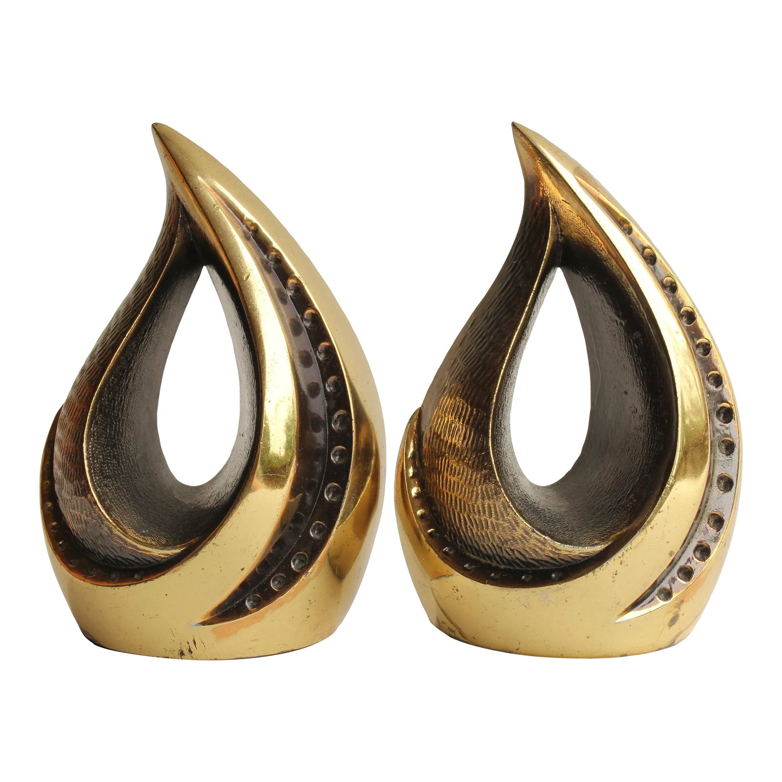 Ben Seibel Tear Drop Flame Bookends - a Pair: Vintage brass tone bookends with stylized flame motif by Ben Seibel for Jenfredware, circa 1950. Condition: Alterations: Original Condition Unaltered Imperfections: Some Imperfections Condition