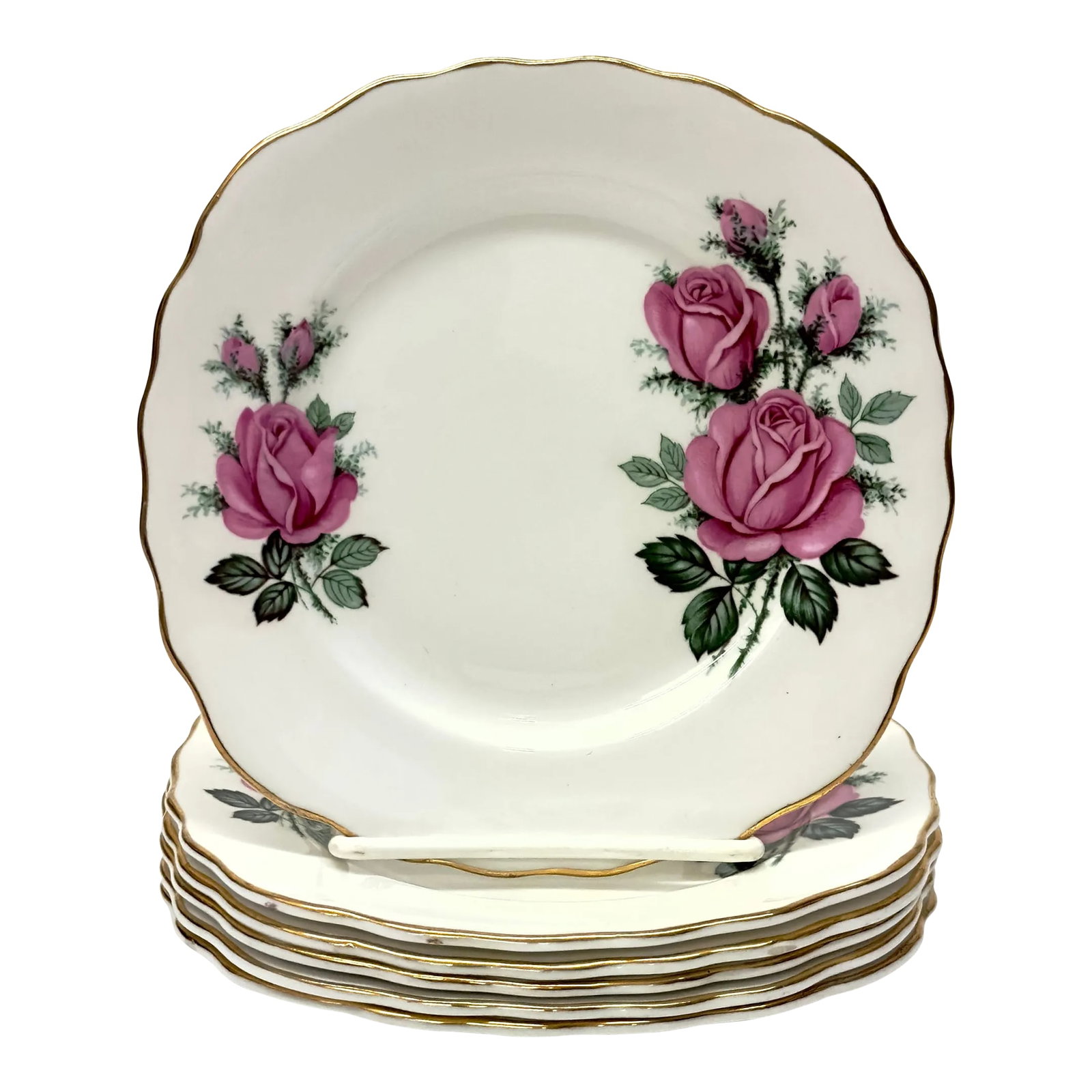 Mid 20th Century Bone China Petite Bread Plates With Rose Motif by Ridgway Potteries, England - Set: Rose floral plates, group of 6. This set of six bread plates was produced by Ridgway Potteries LTD in England, circa 1950s. This plate features a white base with a rose motif and gold colored rim,