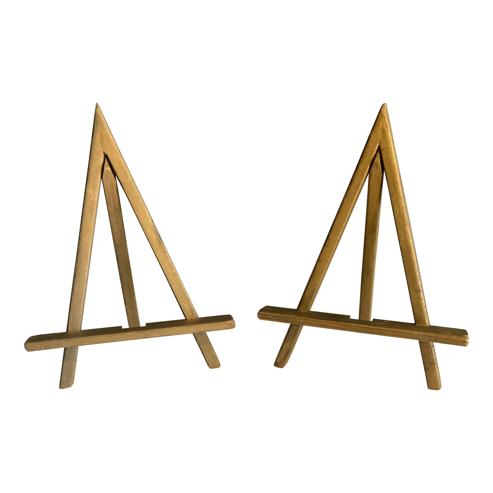 Vintage Gold Painted Wood Table Easels, a Pair: These vintage wooden display easels features a classic A-frame silhouette finished in a warm gold paint with a naturally aged patina. Simple yet elegant, they offer both function and decorative