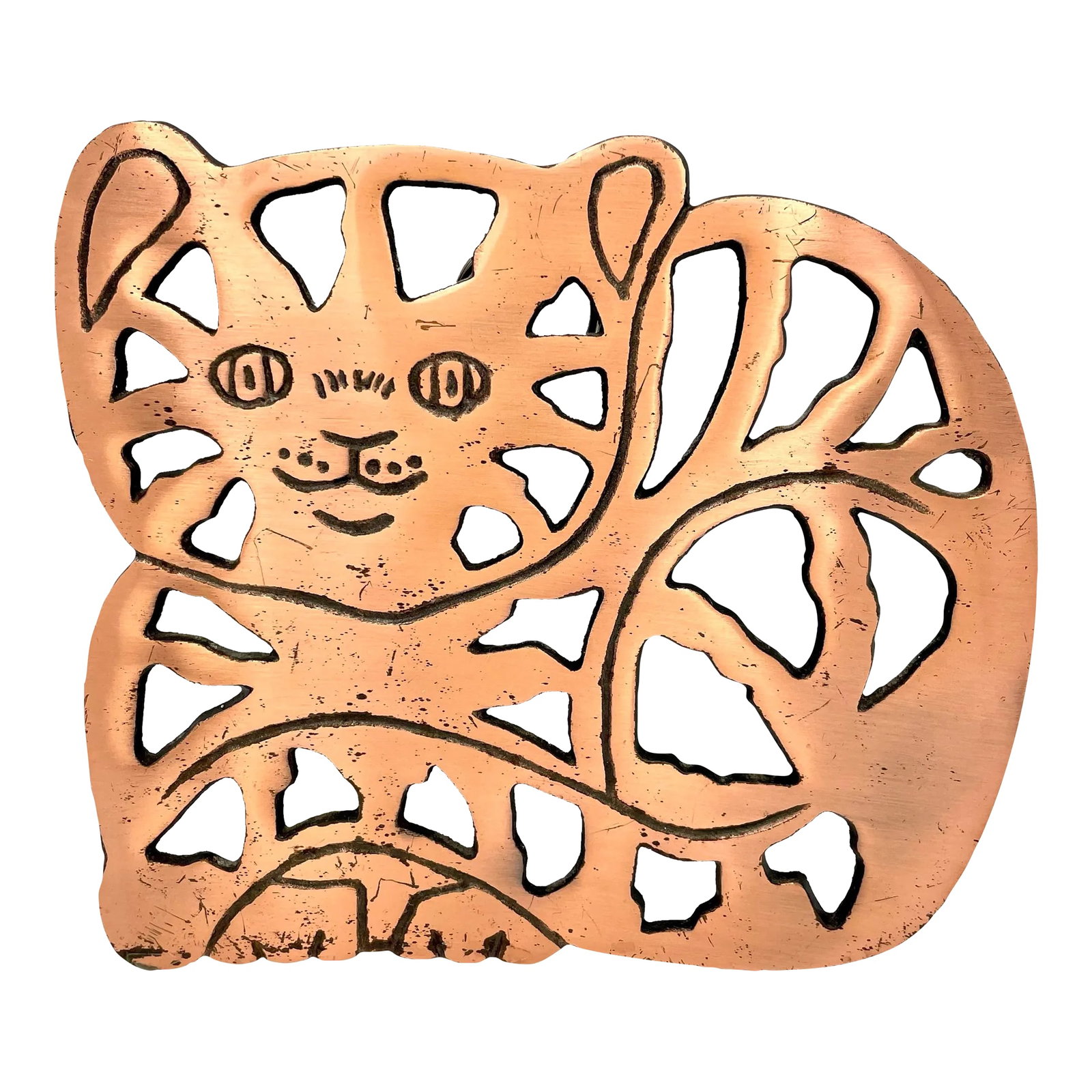 Vintage Metal Copper Cat Trivet: This charming vintage ODI cat trivet is a beautiful piece of metalwork with its copper patina and elegant design. It also has a hook on the back so you can hang it up on the wall as art. If you're
