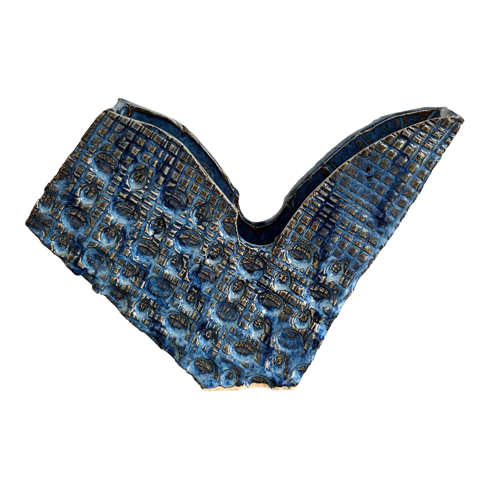Late 20th Century Cobalt Blue Embossed Studio Pottery Vase: Interesting slab studio art pottery vase with embossed patterns, indentations and shapes. Beautiful cobalt blue glossy glaze with a light brown accent color. Signed with initials JAX and W-2 on the bo