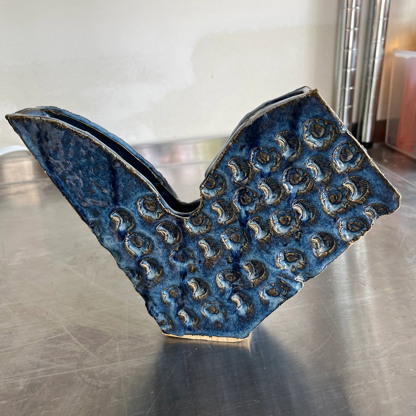 Late 20th Century Cobalt Blue Embossed Studio Pottery Vase - 5