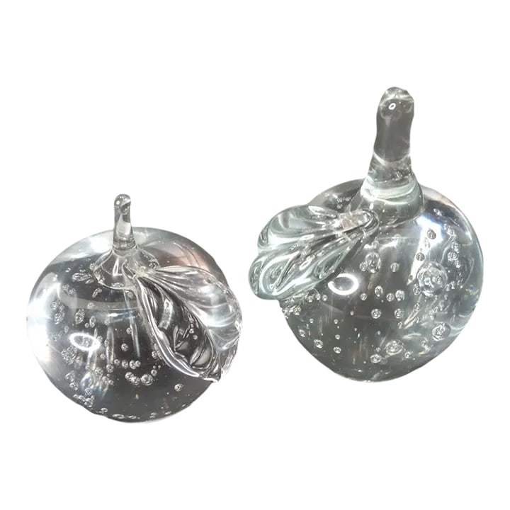 1960s Vintage Hand Blown Lead Crystal Taiwan Apples Bubbles Paper Weights- Set of 2: Add a touch of vintage charm to your desk or bookshelf with these two hand-blown paperweights. They are mid-century modern style, and the hand blown lead crystal has enchanting bubbles. Made in