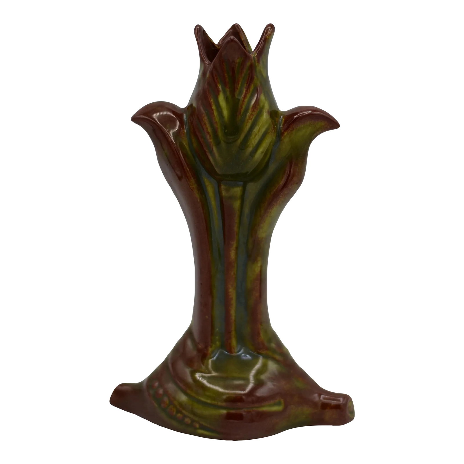Vintage 1950s Tulip Vase With Variegated Brown and Dark Green Glaze: This interesting vase shape was popular in the late 1950s when figurative flower vessels were all the rage. This form of vase was made by several American pottery companies in glazes ranging from