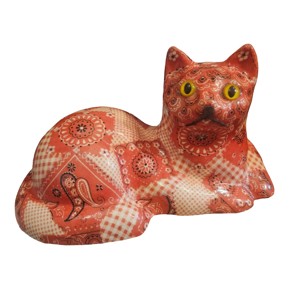 Vintage 1970s Folk Art Paisley Bandanna Quilt Pattern Ceramic Cat Medium Size Figurine: For the cat lover and those that collect Folk Art, this handmade ceramic cat statue is well done in a paisley design in quilted pattern painted in red and white. It is in exquisite condition. Conditio