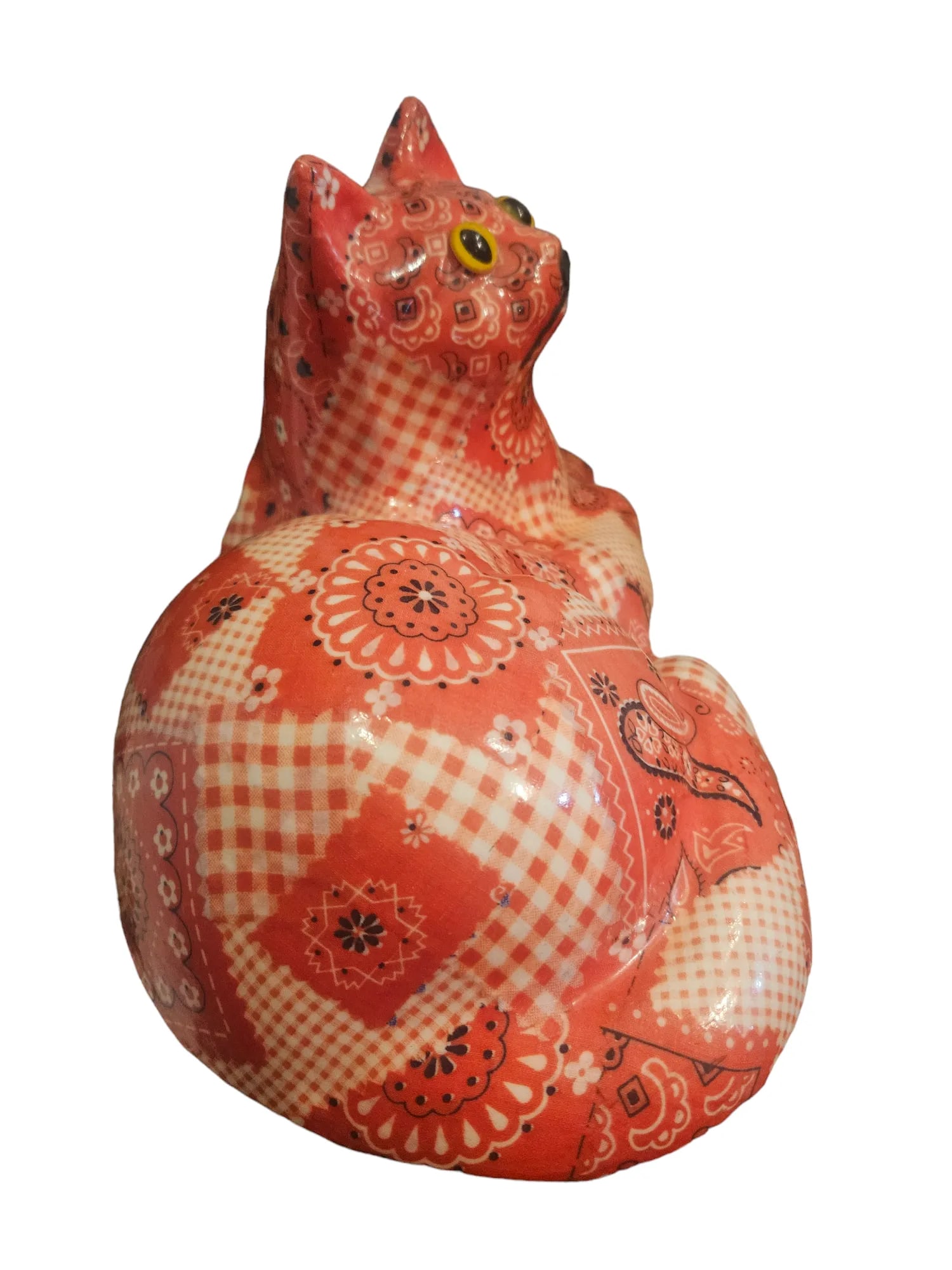 Vintage 1970s Folk Art Paisley Bandanna Quilt Pattern Ceramic Cat Medium Size Figurine - 4