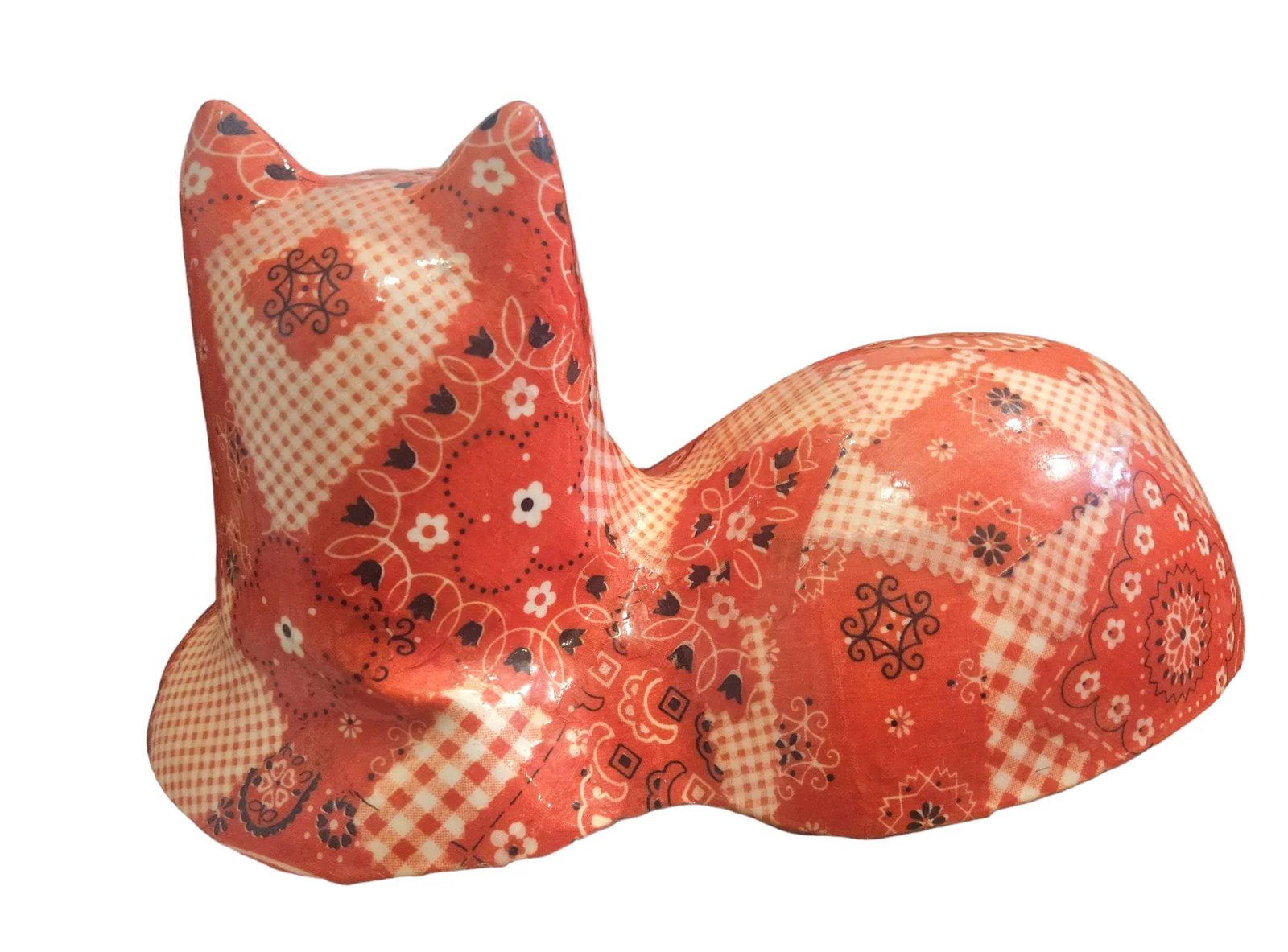 Vintage 1970s Folk Art Paisley Bandanna Quilt Pattern Ceramic Cat Medium Size Figurine - 5