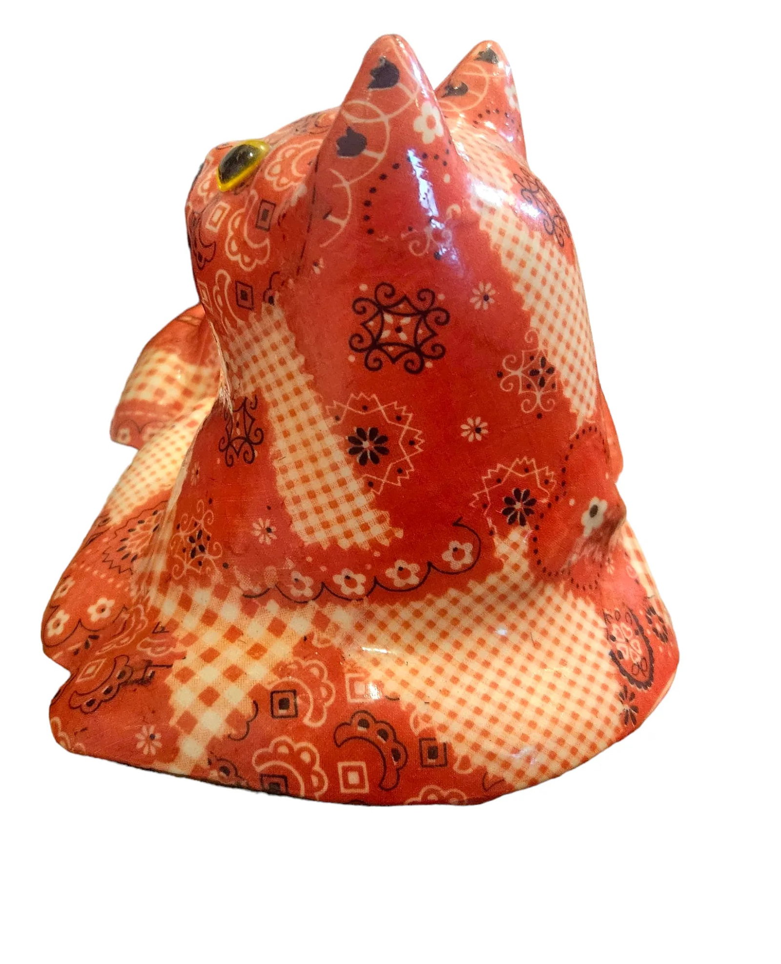 Vintage 1970s Folk Art Paisley Bandanna Quilt Pattern Ceramic Cat Medium Size Figurine - 6
