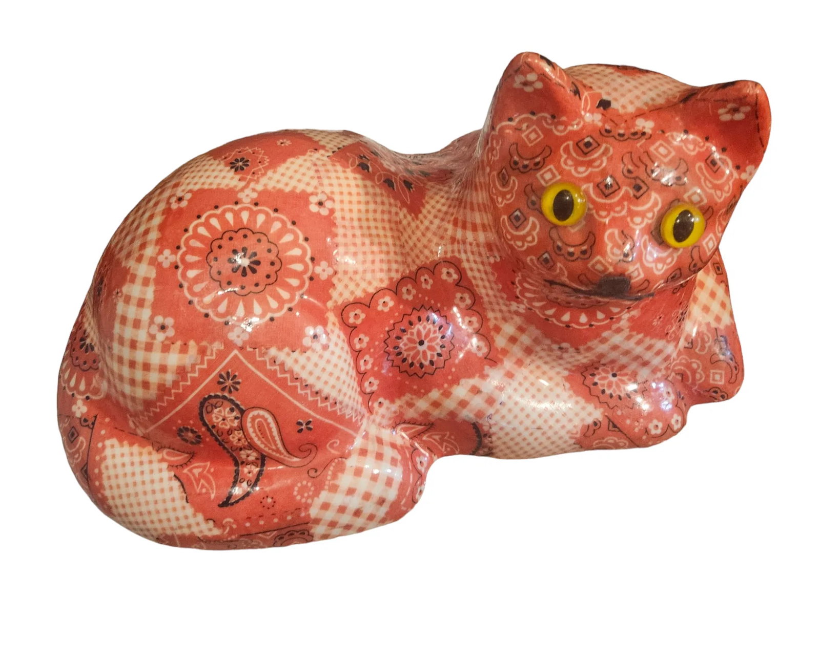 Vintage 1970s Folk Art Paisley Bandanna Quilt Pattern Ceramic Cat Medium Size Figurine - 8