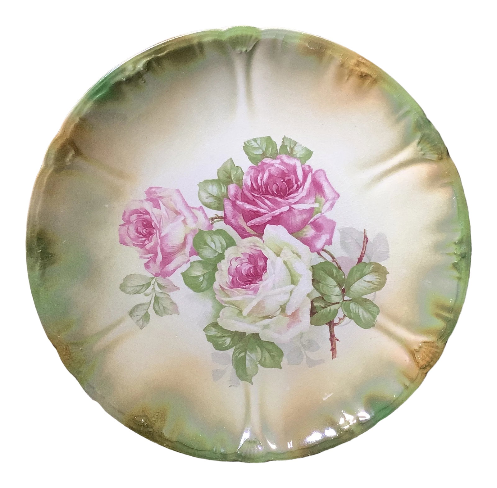 Antique Anton Mehlem Bavarian German Luster Wall Art Cake Plate Featuring Cabbage Roses: Beautiful antique decorative plate, from the Franz Anton Mehlem Earthenware Factory, featuring multicolored cabbage roses. The edge is semi-scalloped in a raised relief and detailed in a luster and fe