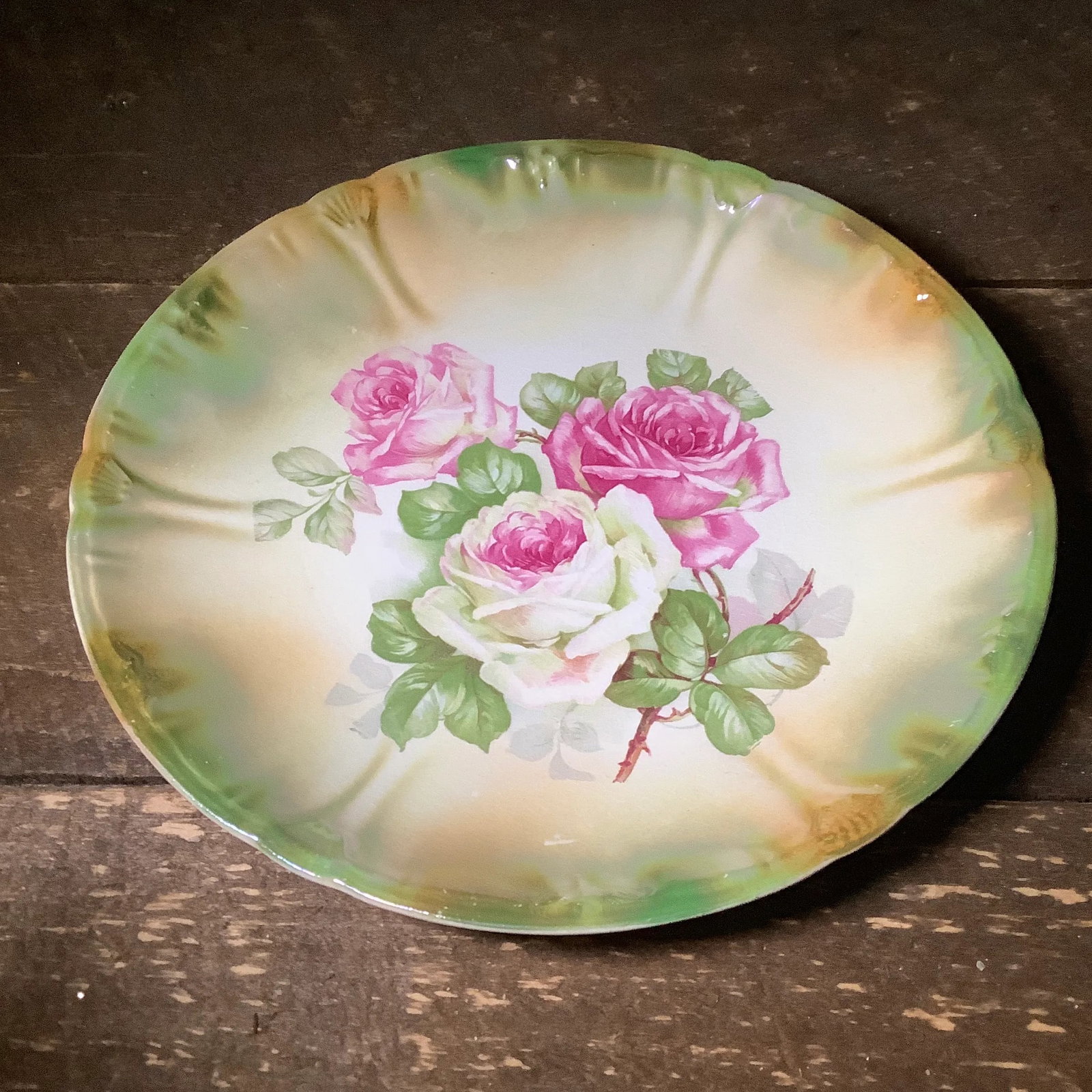 Antique Anton Mehlem Bavarian German Luster Wall Art Cake Plate Featuring Cabbage Roses - 2