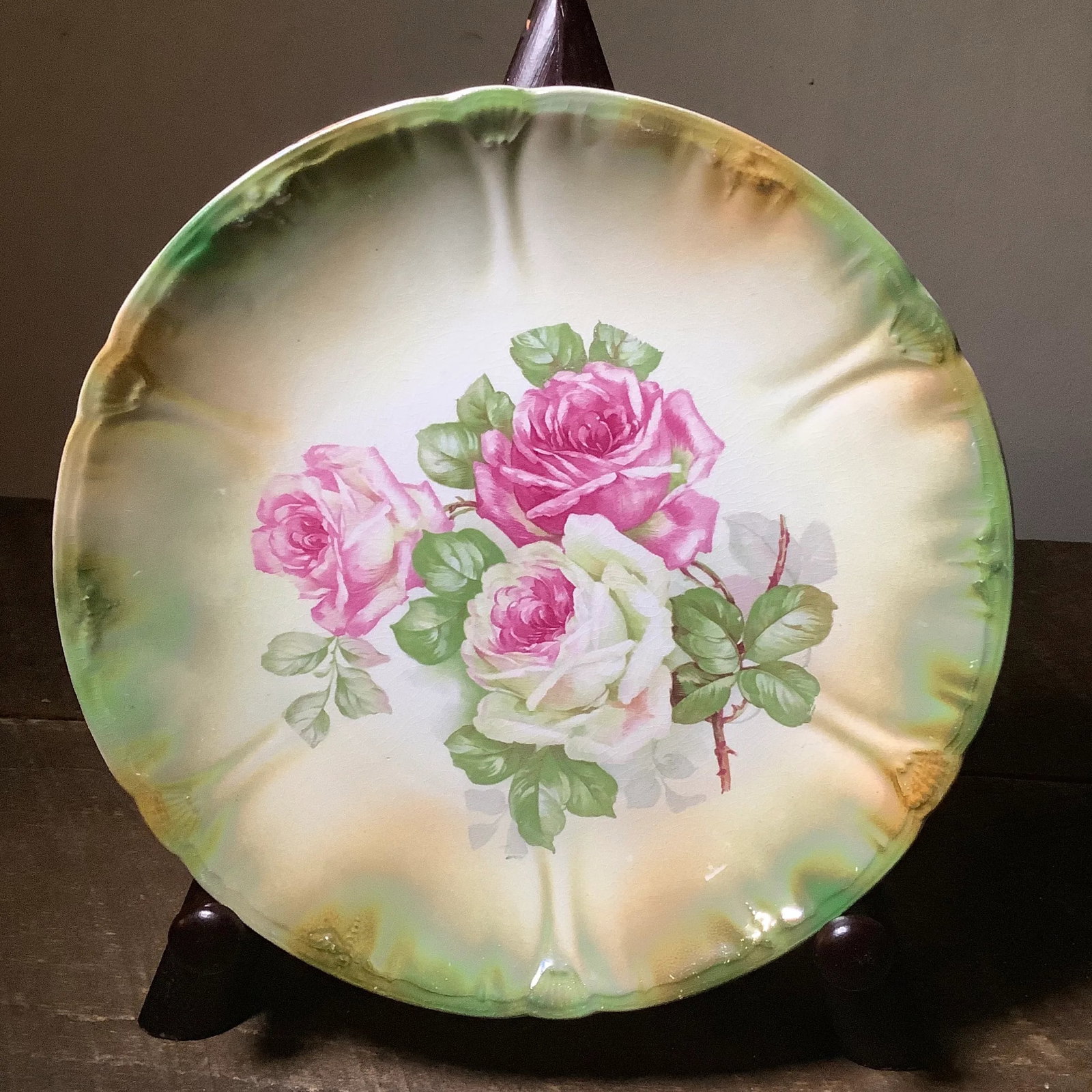 Antique Anton Mehlem Bavarian German Luster Wall Art Cake Plate Featuring Cabbage Roses - 3