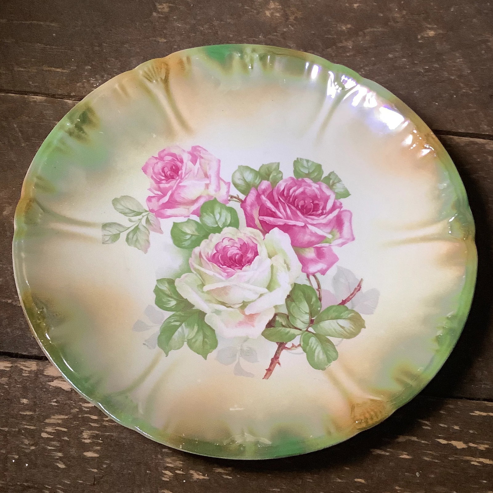 Antique Anton Mehlem Bavarian German Luster Wall Art Cake Plate Featuring Cabbage Roses - 4