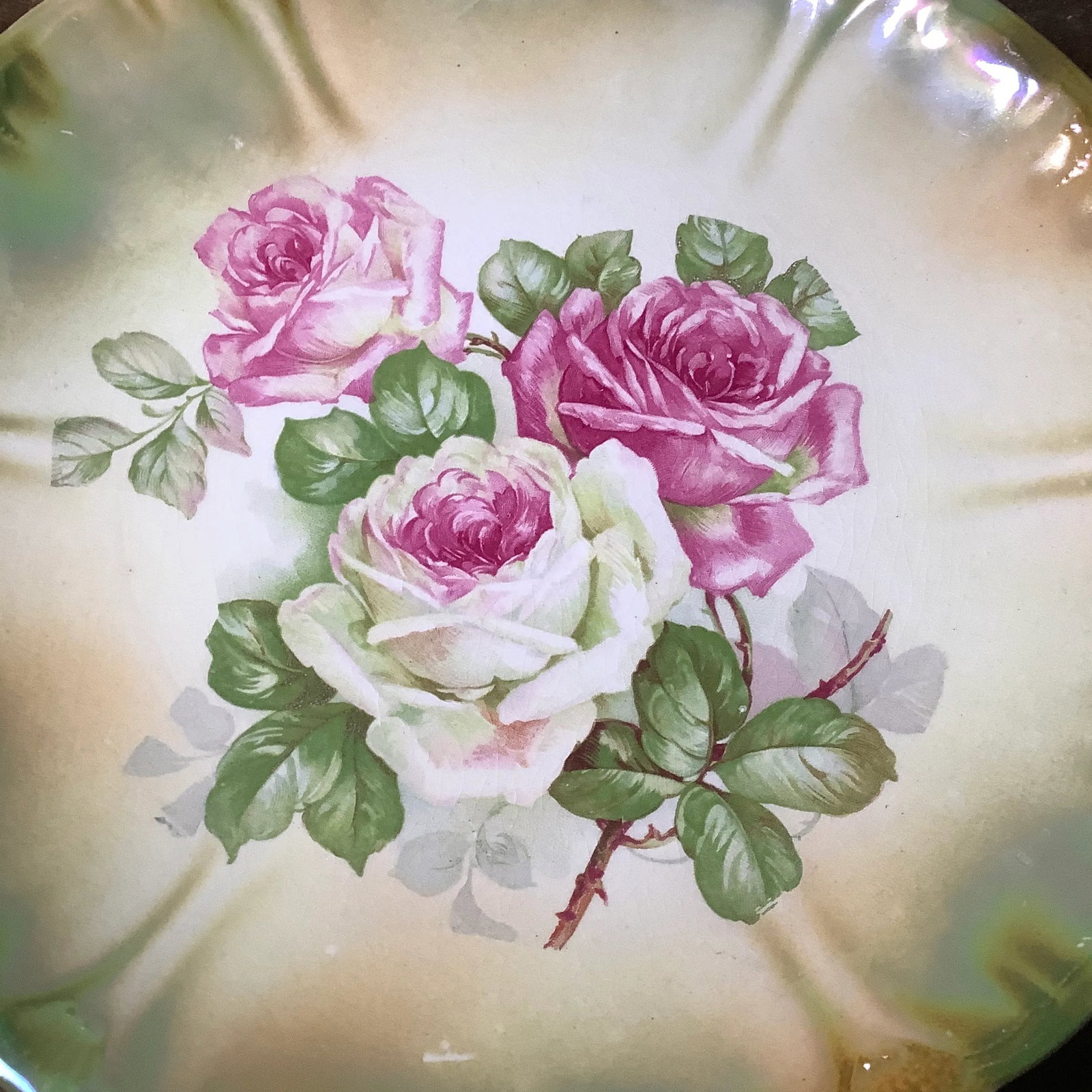 Antique Anton Mehlem Bavarian German Luster Wall Art Cake Plate Featuring Cabbage Roses - 5