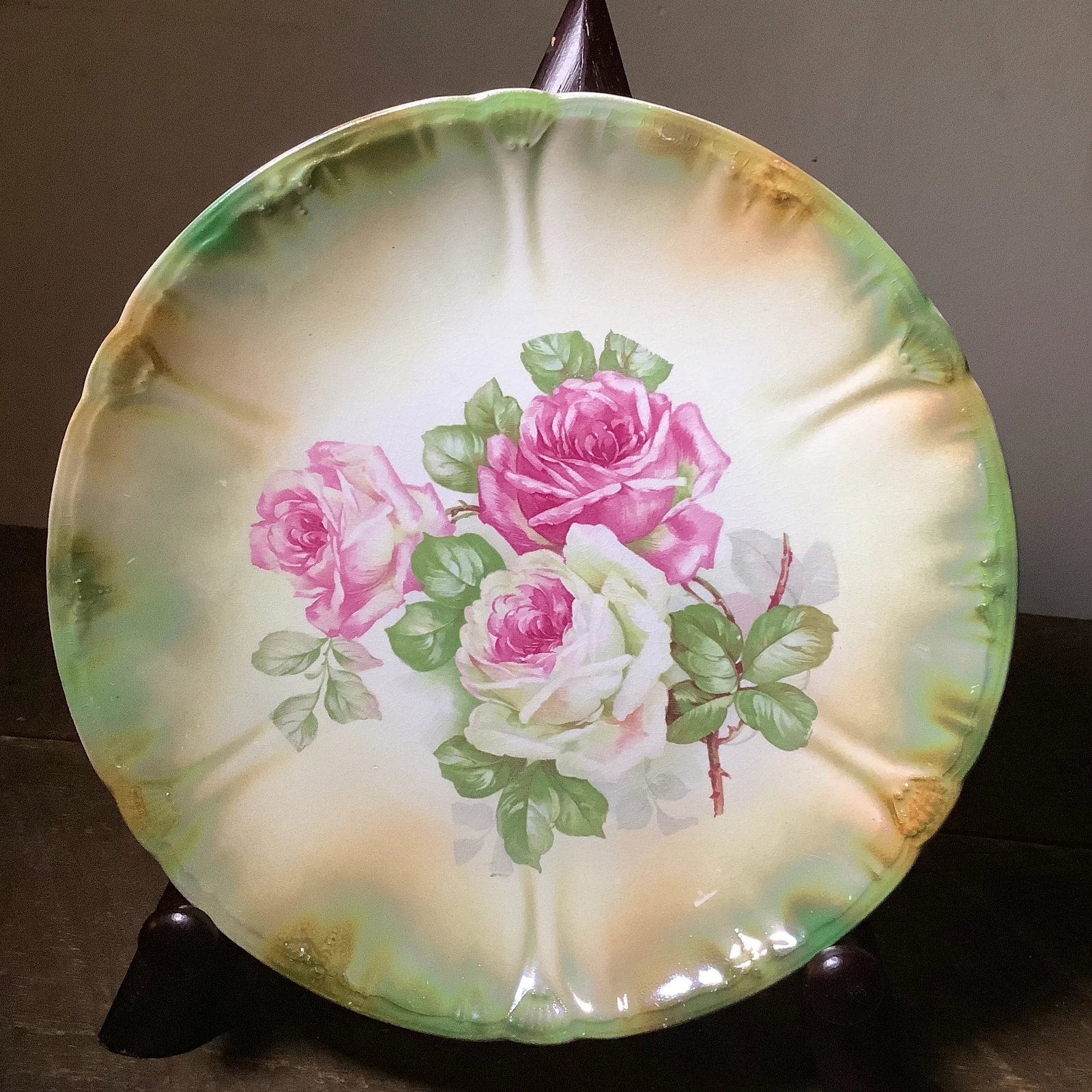 Antique Anton Mehlem Bavarian German Luster Wall Art Cake Plate Featuring Cabbage Roses - 8